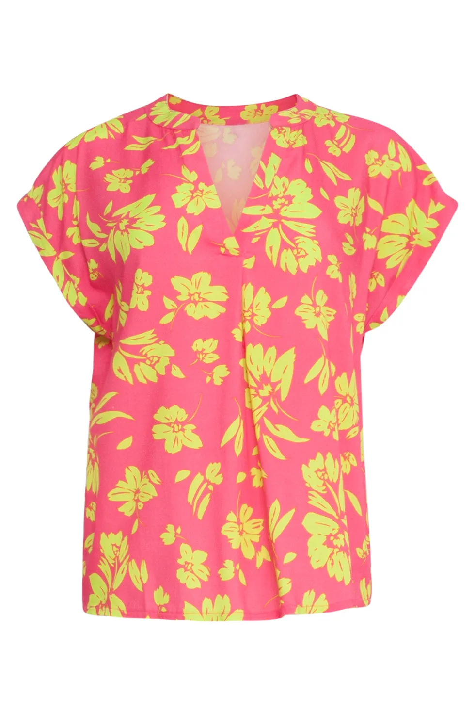 24372 Dames Fuchsia Top Met Allover Lime Bloemenprint | lime-pink