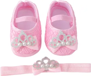 Baby Shoes with Hair Band Fashion Soft Soled Infant Shoes Versatile Dress Flower Princess Shoes Size 3 Girls Shoes