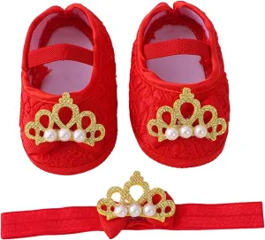 Baby Shoes with Hair Band Fashion Soft Soled Infant Shoes Versatile Dress Flower Princess Shoes Size 3 Girls Shoes