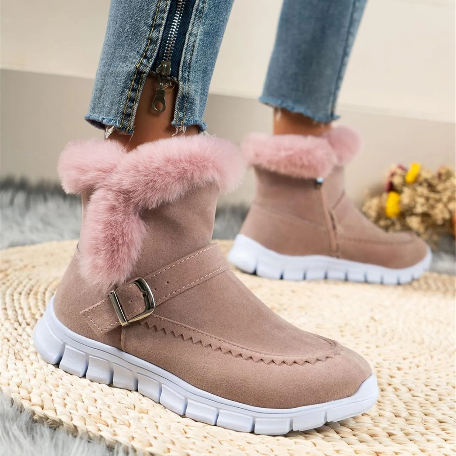 Boots For Women Ankle Booties With Fur Lined Warm Snow Winter Boots Casual Fashion Comfortable Slip On Loafers Shoes