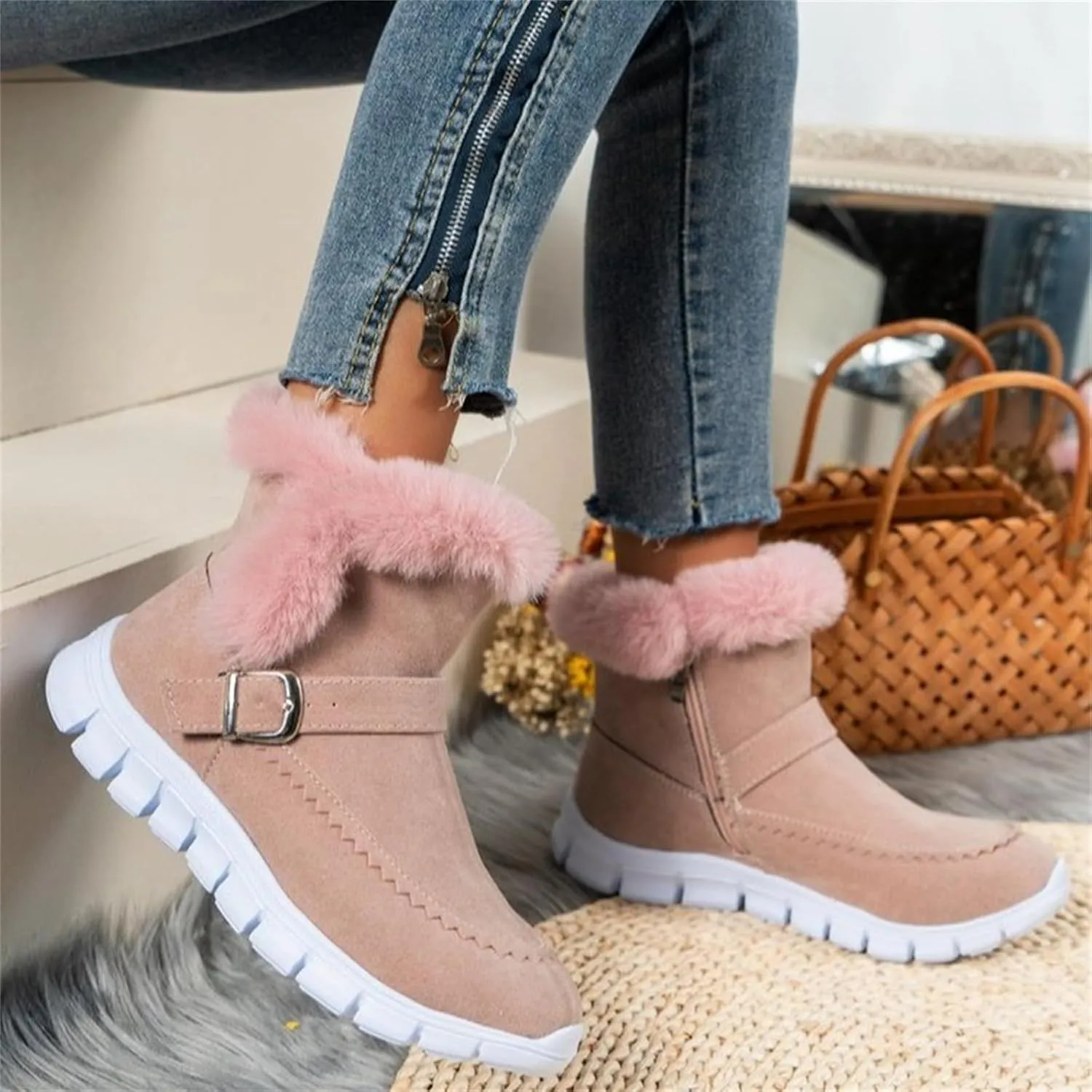 Boots For Women Ankle Booties With Fur Lined Warm Snow Winter Boots Casual Fashion Comfortable Slip On Loafers Shoes