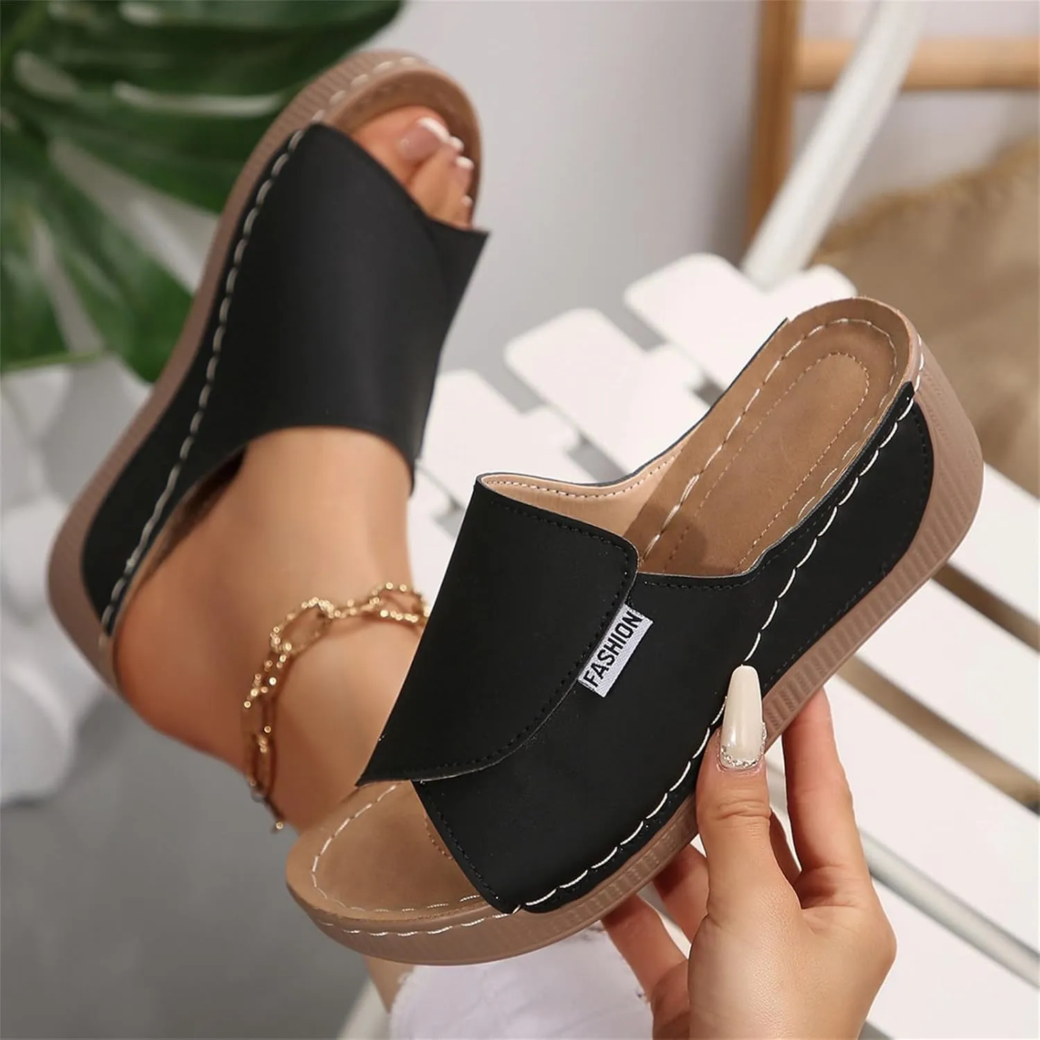 Comfortable Arch Support Slides for Women Orthopedic Wedge Sandals Wide Width Breathable Summer Orthotic Leather Platform Wedge Sandals Slip on Casual Shoes