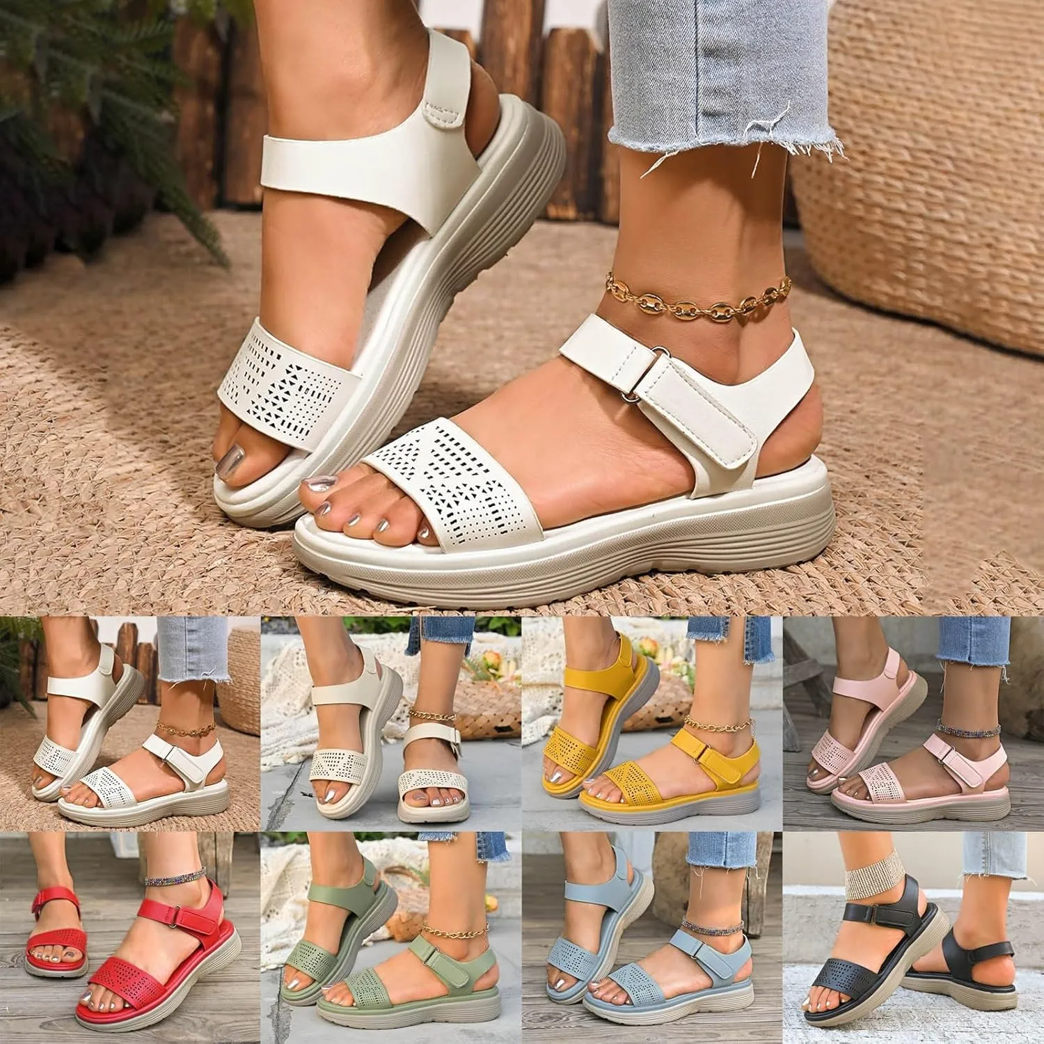 Comfortable Sandals for Women Perforated Leather Upper Sporty Design Breathable Insole Non Slip Sole Summer Sandals