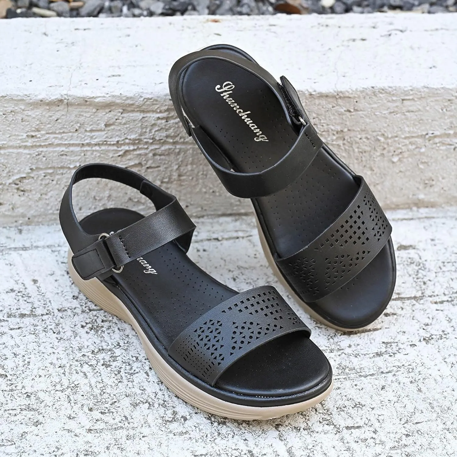 Comfortable Sandals for Women Perforated Leather Upper Sporty Design Breathable Insole Non Slip Sole Summer Sandals