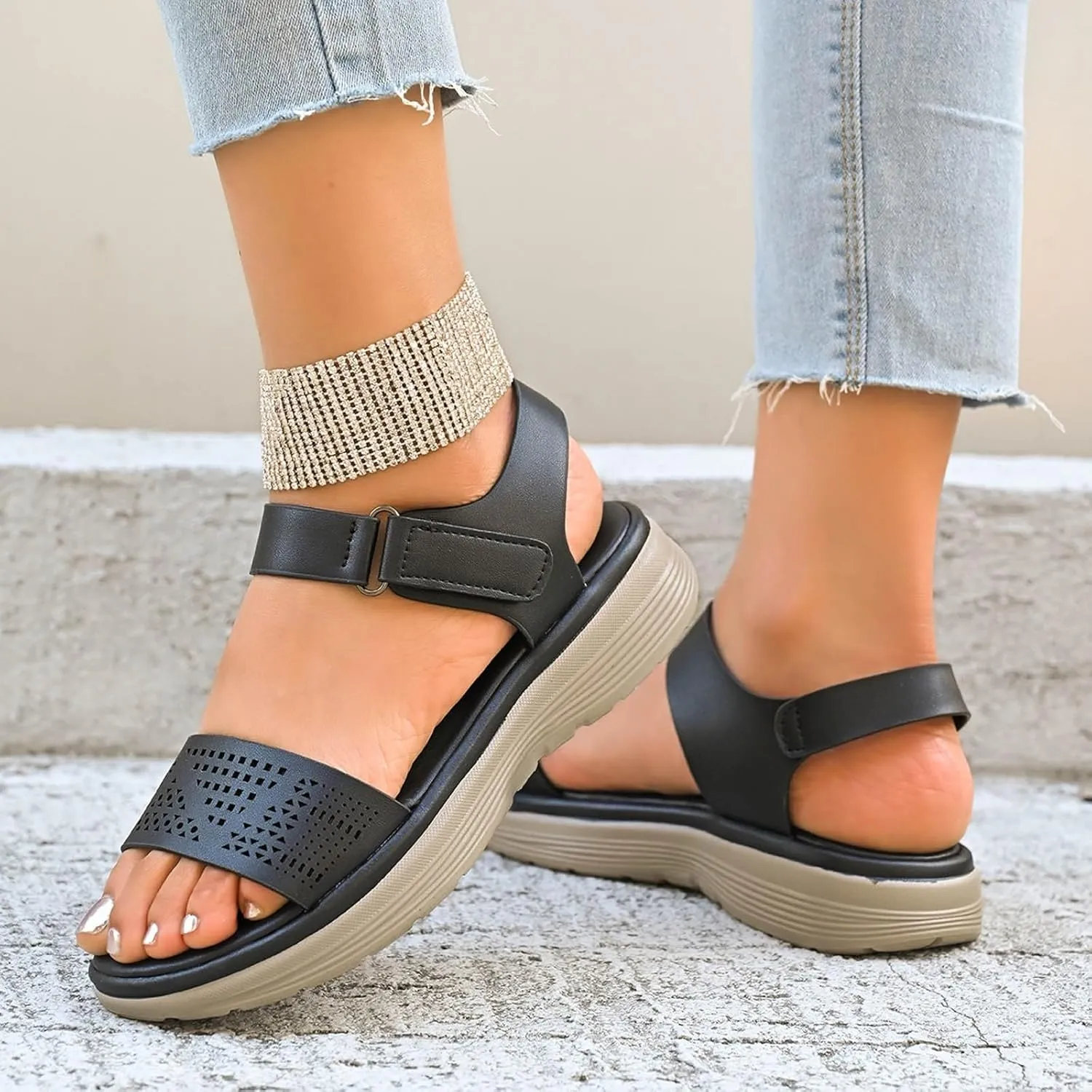 Comfortable Sandals for Women Perforated Leather Upper Sporty Design Breathable Insole Non Slip Sole Summer Sandals