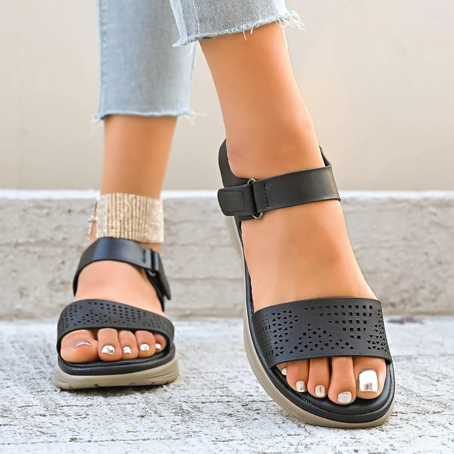 Comfortable Sandals for Women Perforated Leather Upper Sporty Design Breathable Insole Non Slip Sole Summer Sandals
