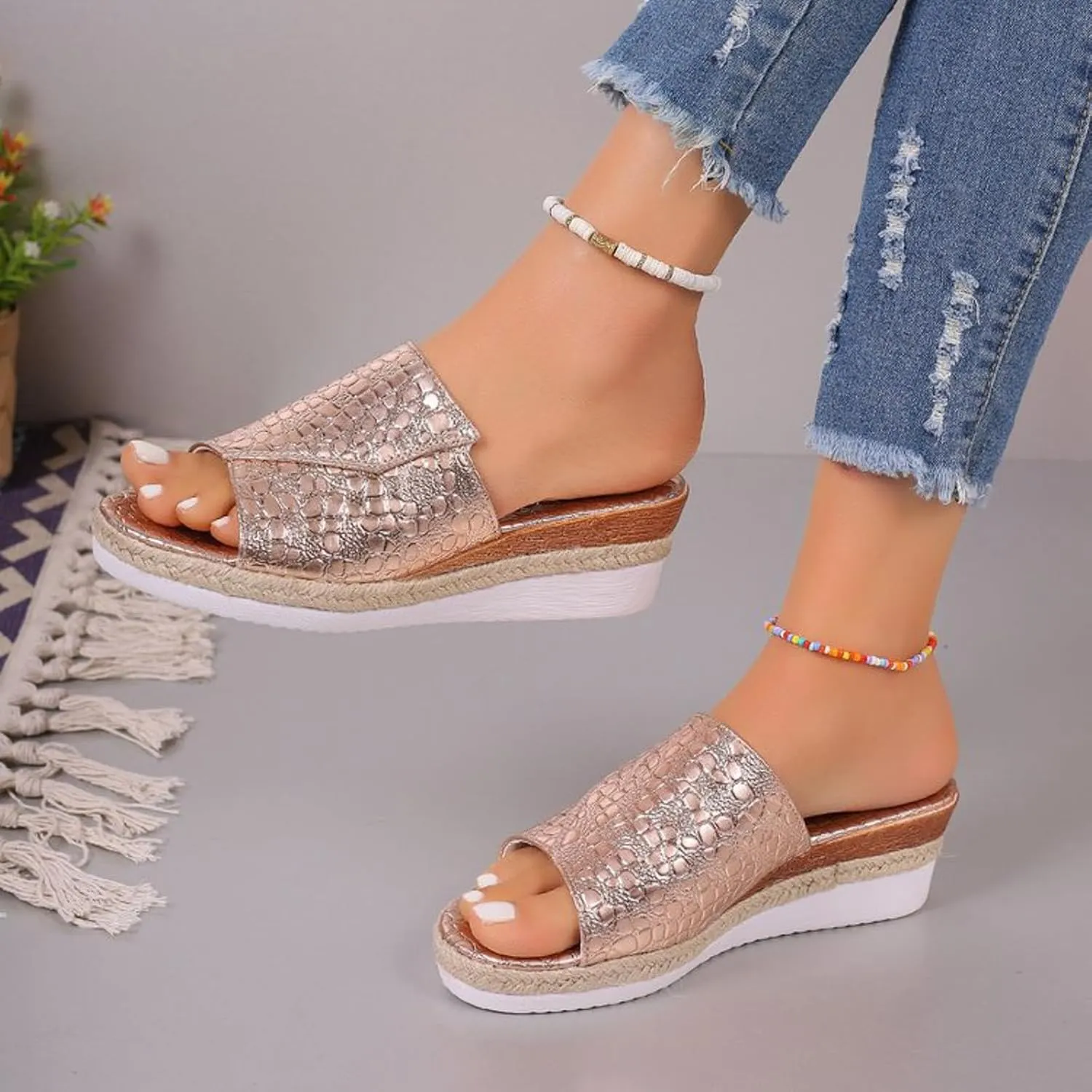 Fashion Wedge Sandals for Women Snakeskin Large Size Slippers Arch Support Slip On Sandals Womens Dress Sandals Flat
