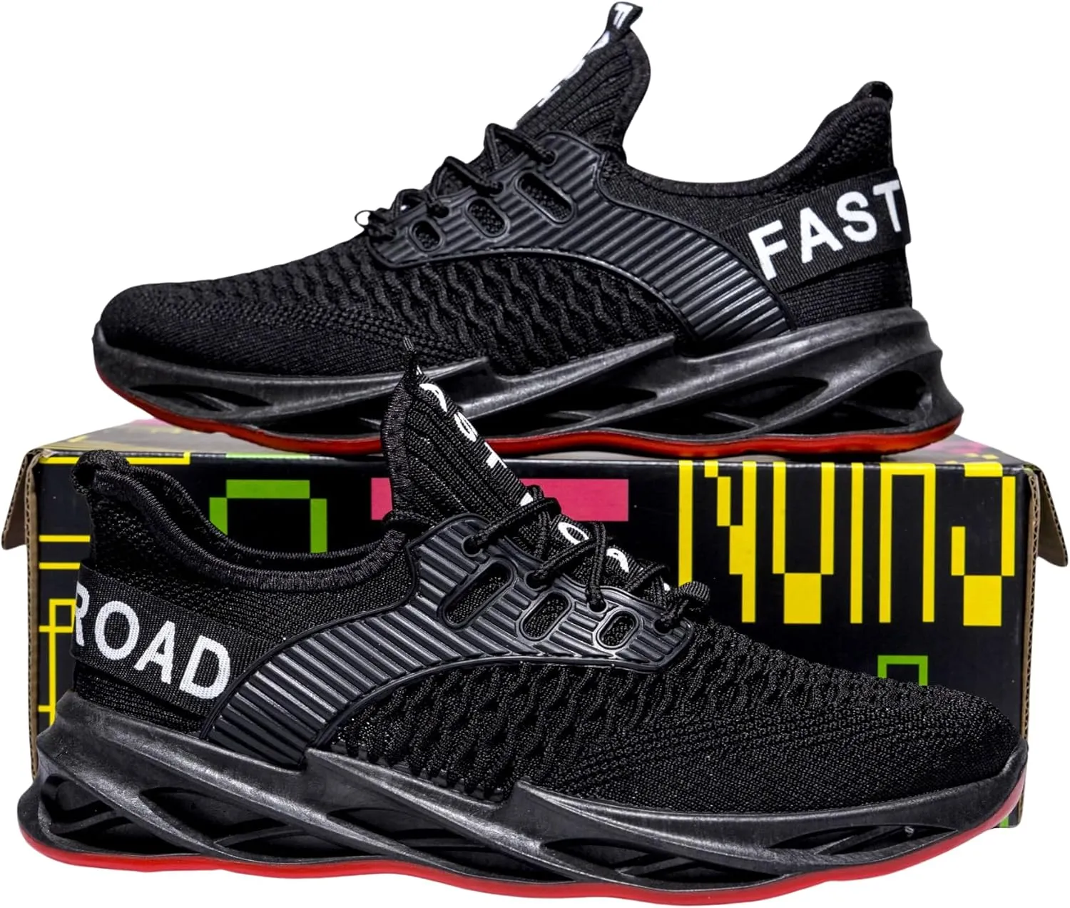 Fast Road Ablaze Runners - Black & Red Athletic Sneakers, Breathable Mesh, PVC Anti-Slip Soles, Cushioned Comfort, Secure Fit for Runners & Gym Enthusiasts US 6.5-12