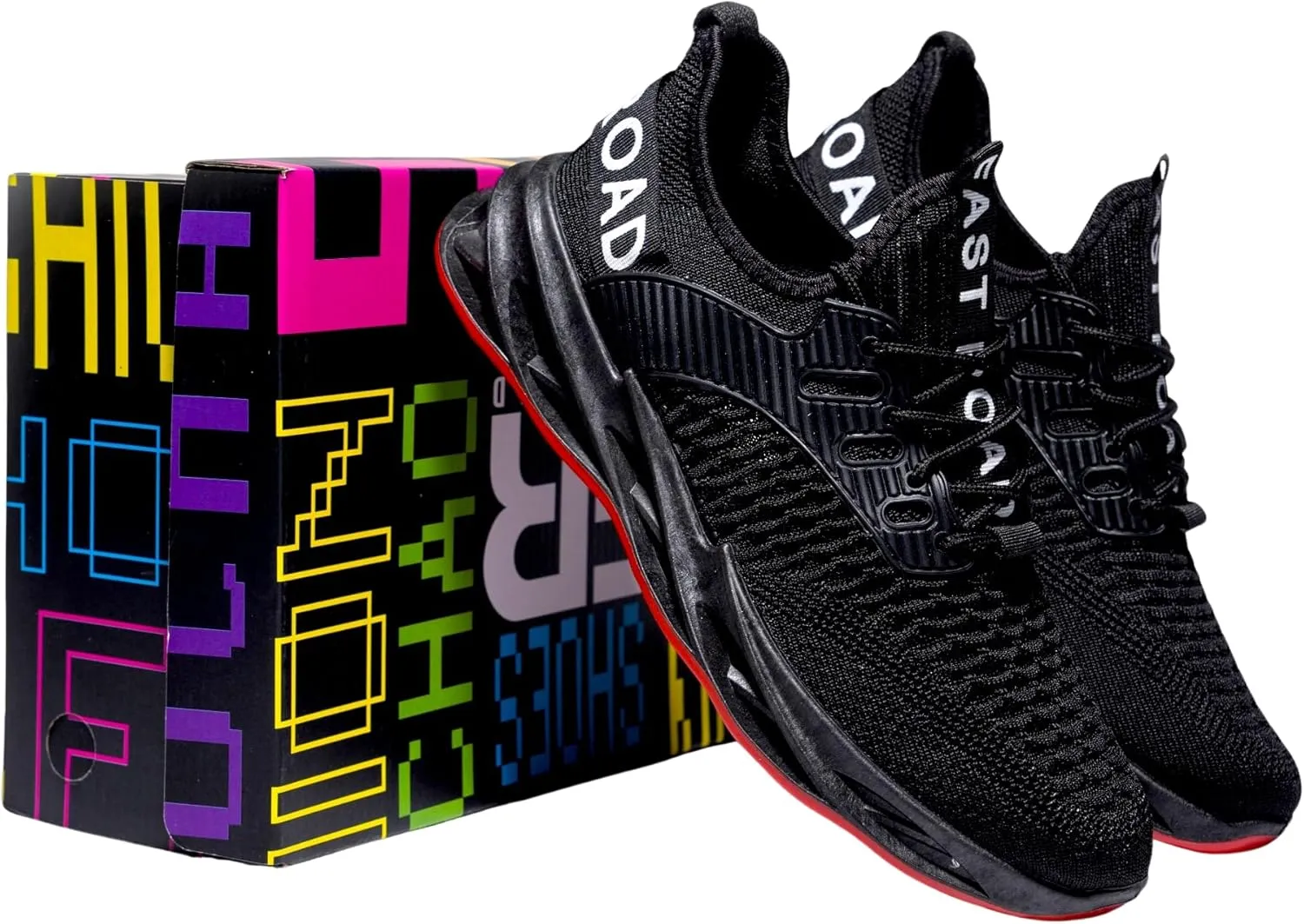 Fast Road Ablaze Runners - Black & Red Athletic Sneakers, Breathable Mesh, PVC Anti-Slip Soles, Cushioned Comfort, Secure Fit for Runners & Gym Enthusiasts US 6.5-12