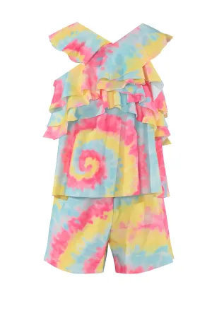 Girls Ruffle Halter Neck Swirl Tie Dye Knit Romper