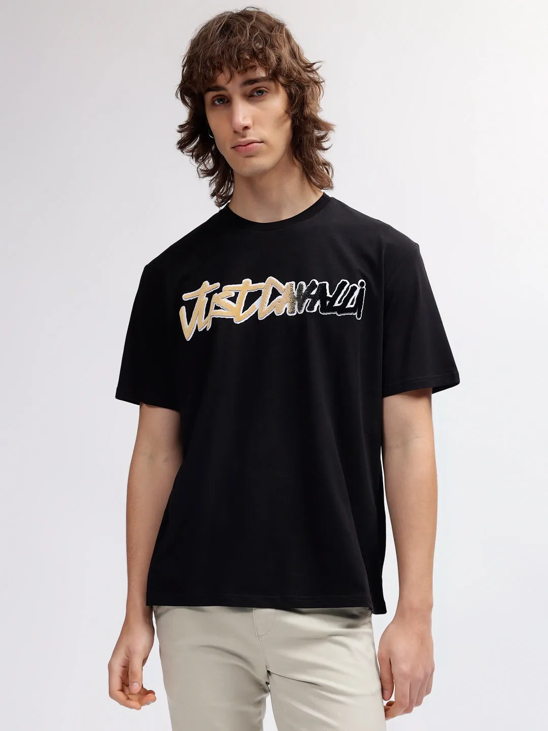 Just Cavalli Men Black Printed Regular Fit Short Sleeves T-shirt