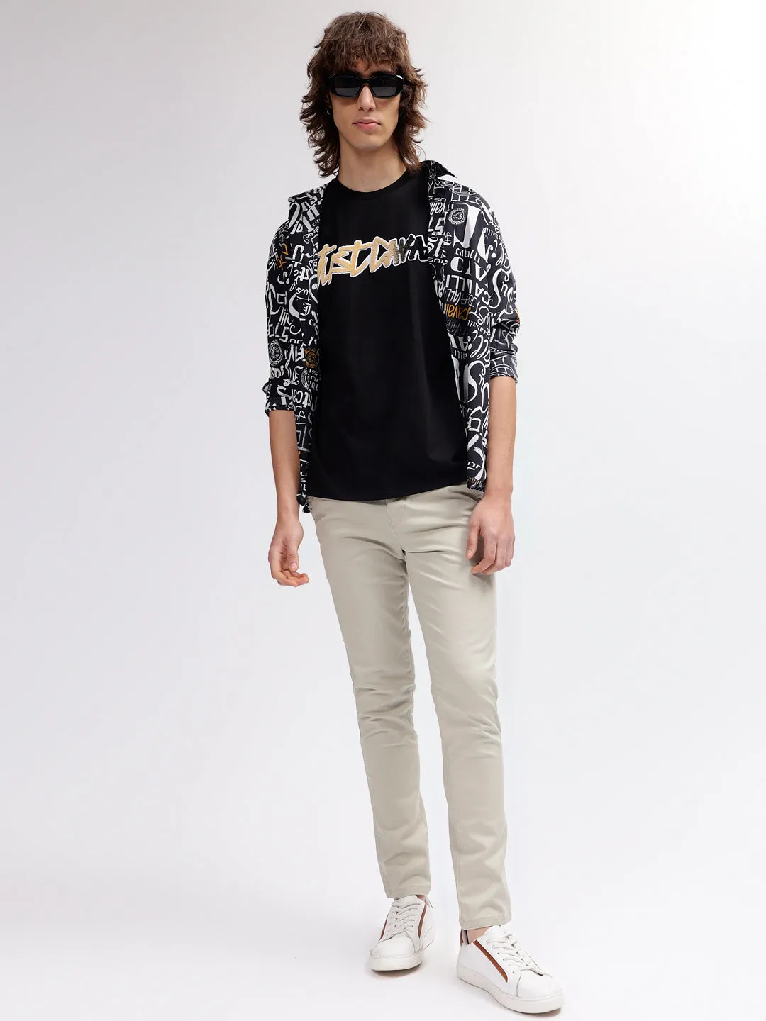 Just Cavalli Men Black Printed Regular Fit Short Sleeves T-shirt