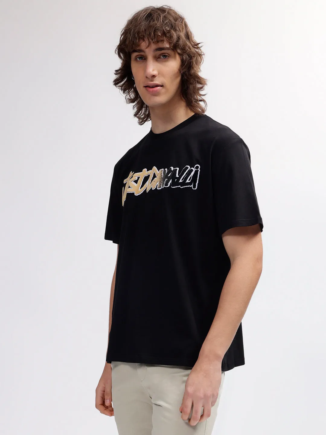 Just Cavalli Men Black Printed Regular Fit Short Sleeves T-shirt