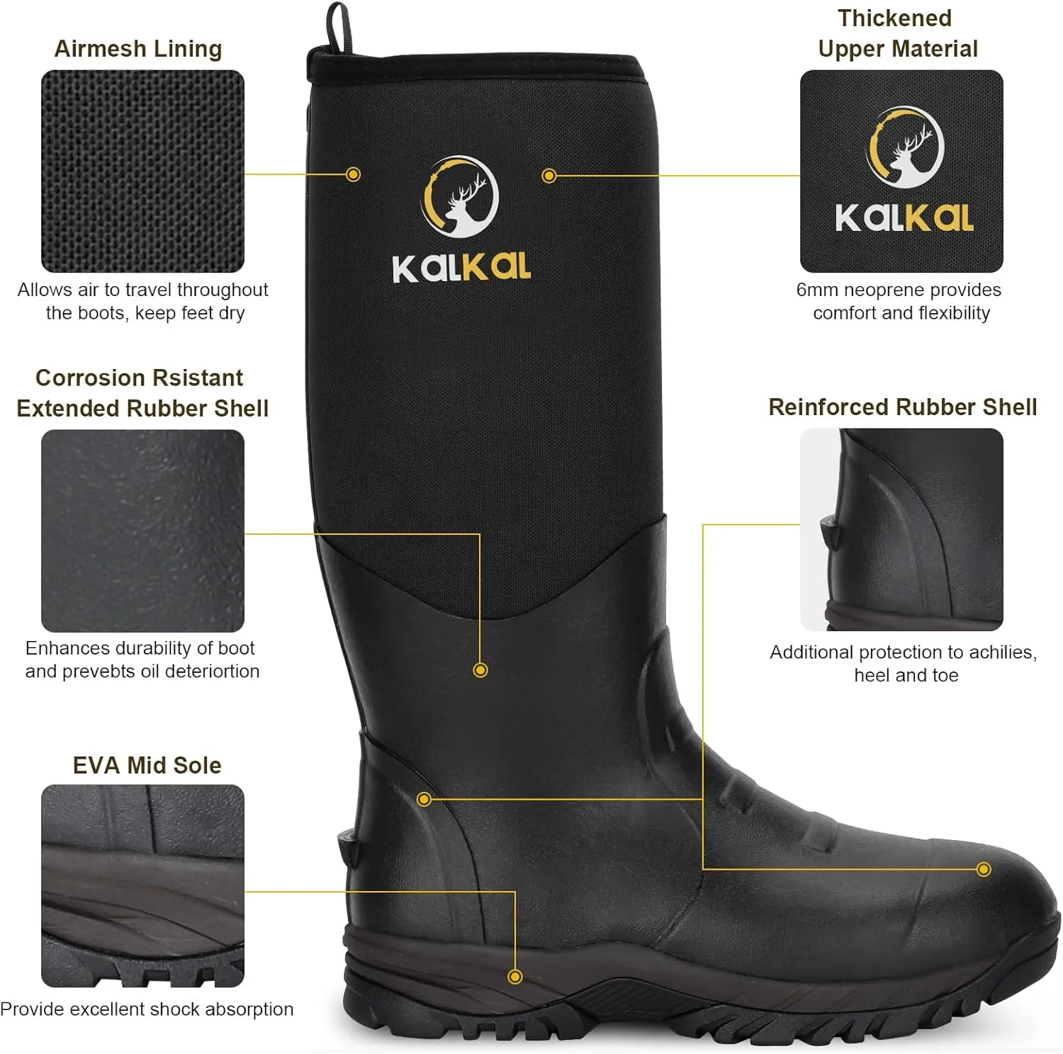 Kalkal Rubber Boots for Men, Waterproof Rain Boots Men with 6mm Neoprene, Insulated Durable Hunting Boots for Fishing, Farming, Gardening and Working