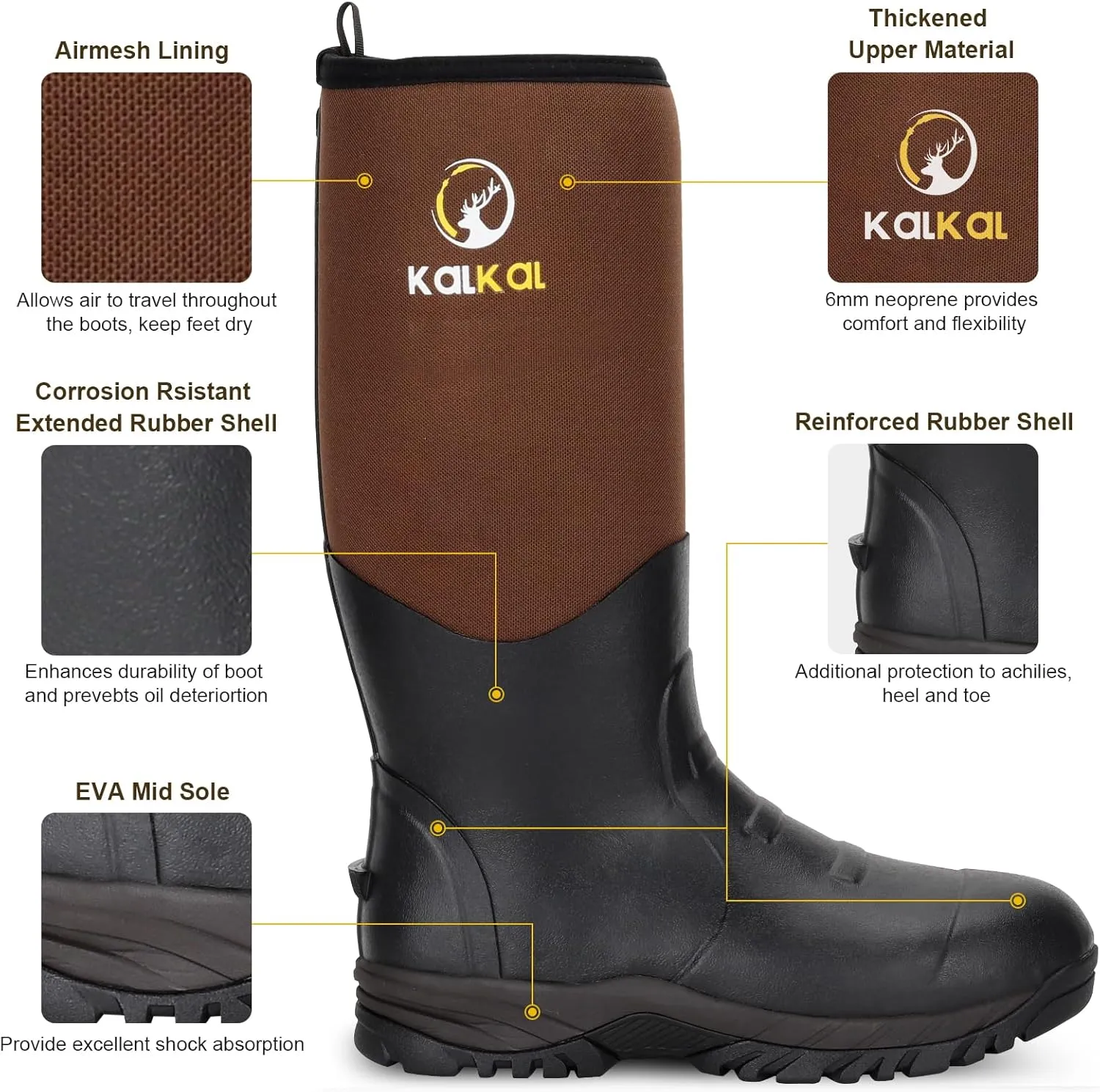 Kalkal Rubber Boots for Men, Waterproof Rain Boots Men with 6mm Neoprene, Insulated Durable Hunting Boots for Fishing, Farming, Gardening and Working