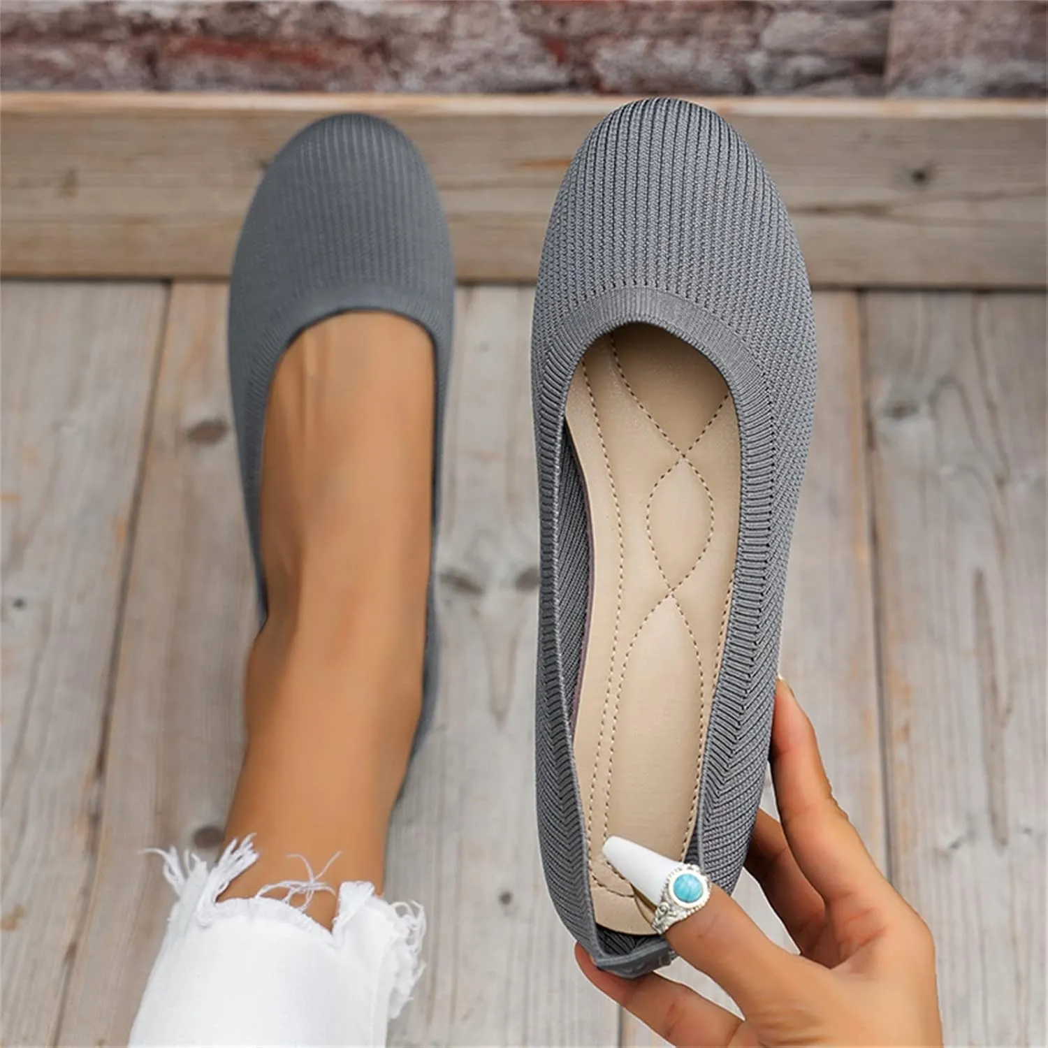 Ladies Fashion Solid Color Breathable Knitting Round Head Flat Comfortable Casual Single Casual Womens Shoes Slip on