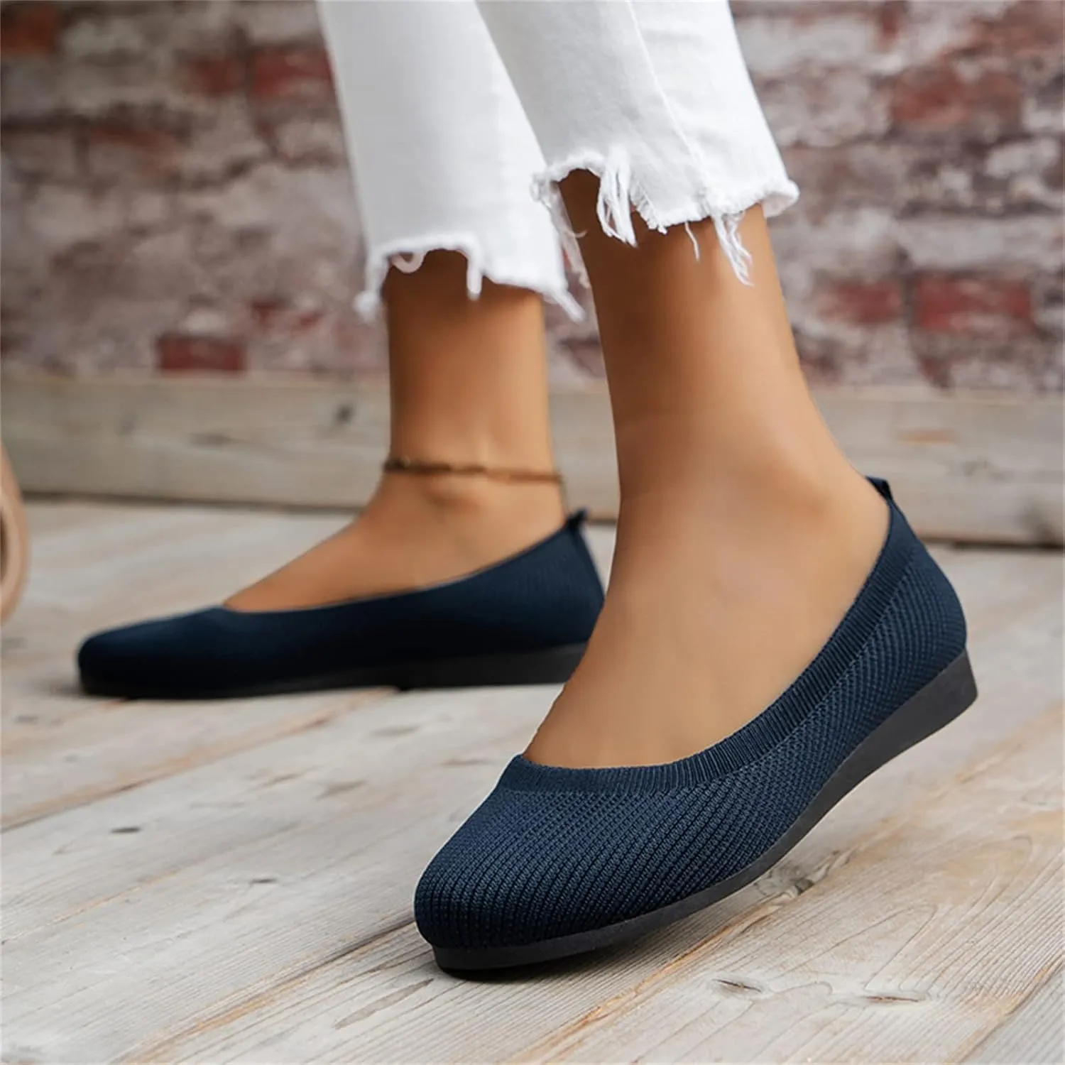 Ladies Fashion Solid Color Breathable Knitting Round Head Flat Comfortable Casual Single Casual Womens Shoes Slip on