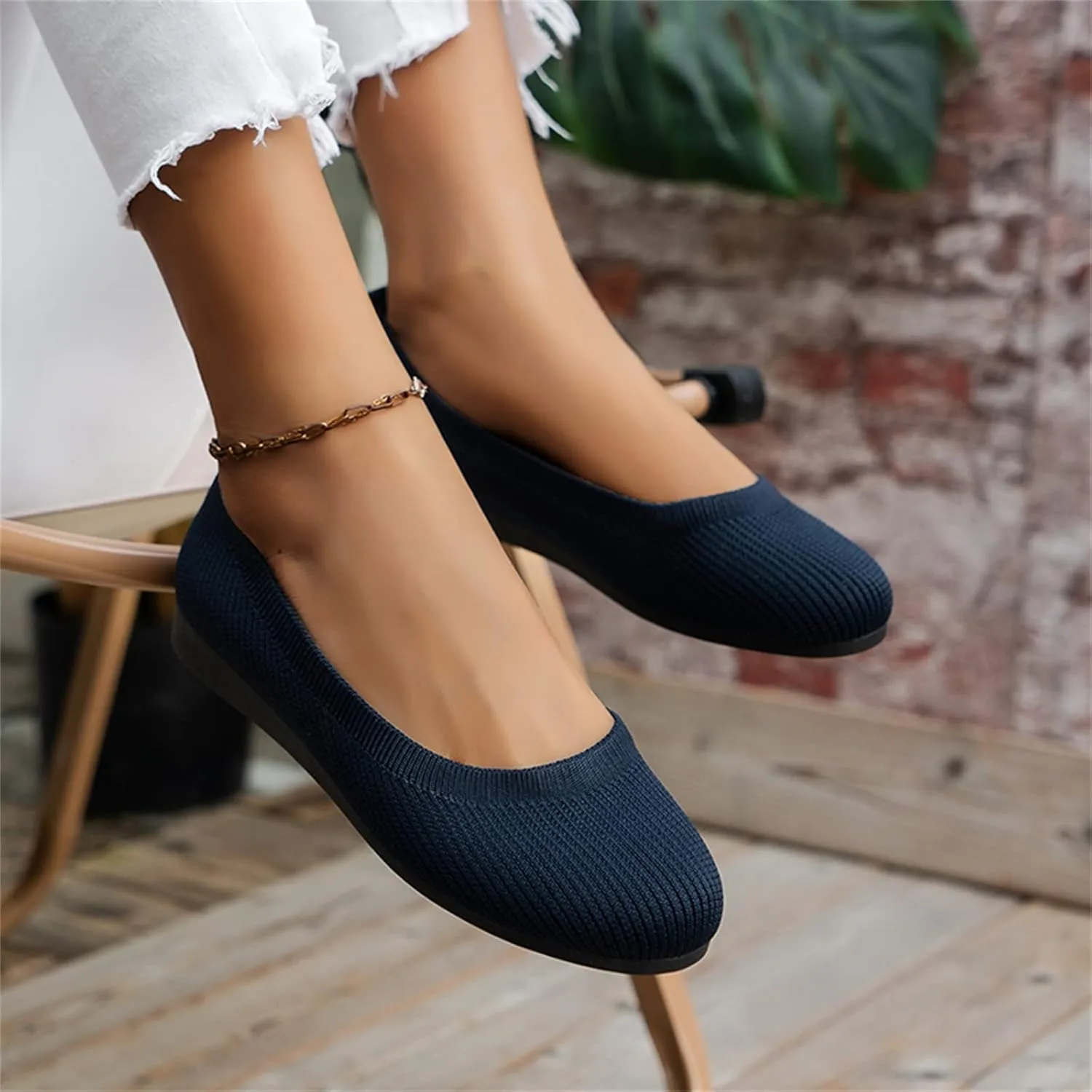 Ladies Fashion Solid Color Breathable Knitting Round Head Flat Comfortable Casual Single Casual Womens Shoes Slip on