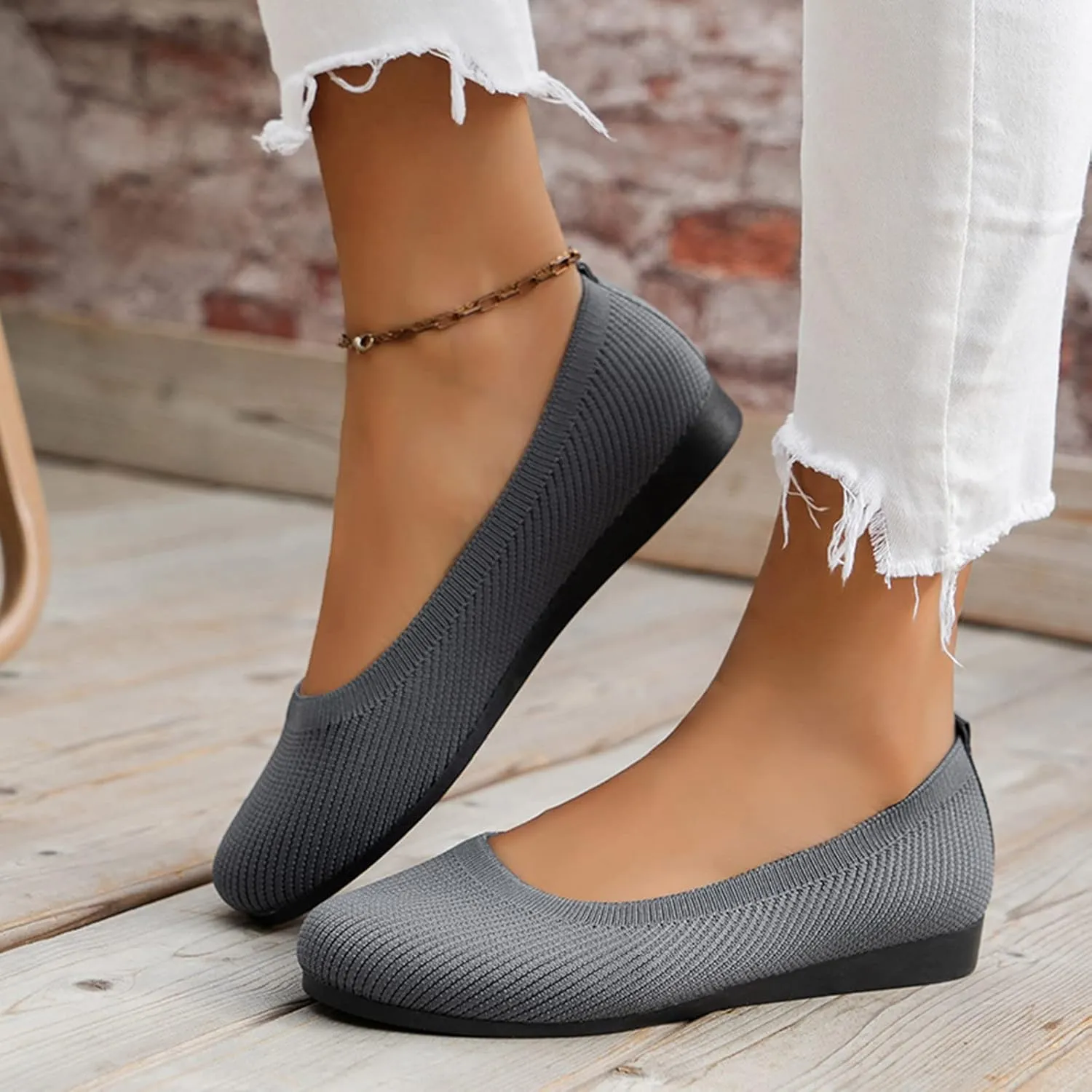 Ladies Fashion Solid Color Breathable Knitting Round Head Flat Comfortable Casual Single Casual Womens Shoes Slip on