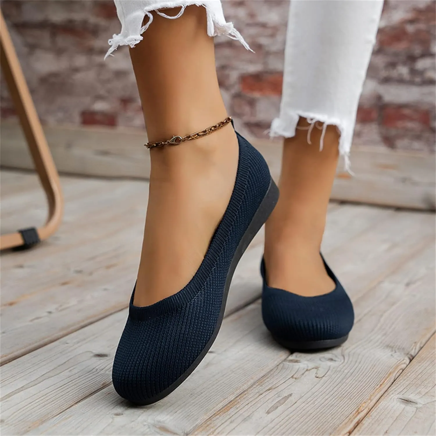 Ladies Fashion Solid Color Breathable Knitting Round Head Flat Comfortable Casual Single Casual Womens Shoes Slip on