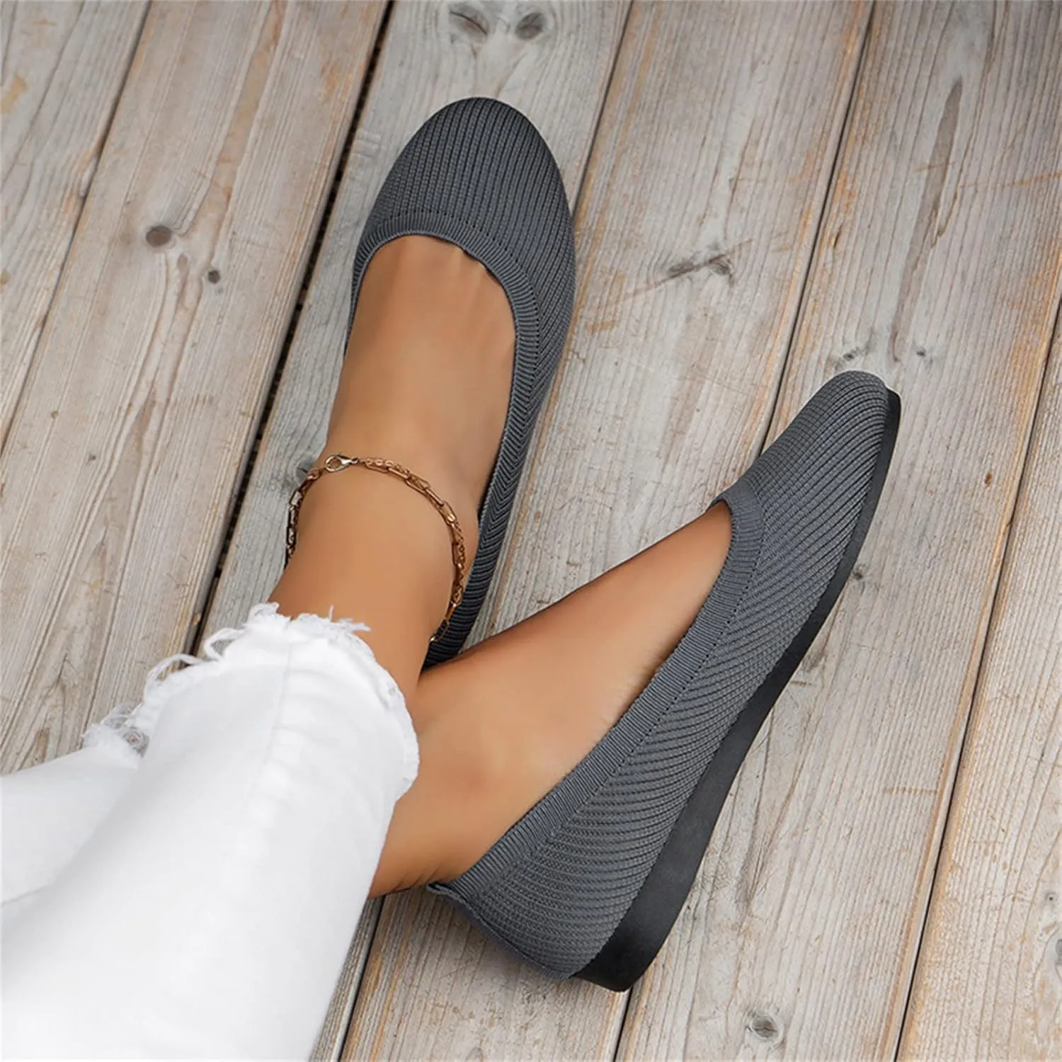 Ladies Fashion Solid Color Breathable Knitting Round Head Flat Comfortable Casual Single Casual Womens Shoes Slip on