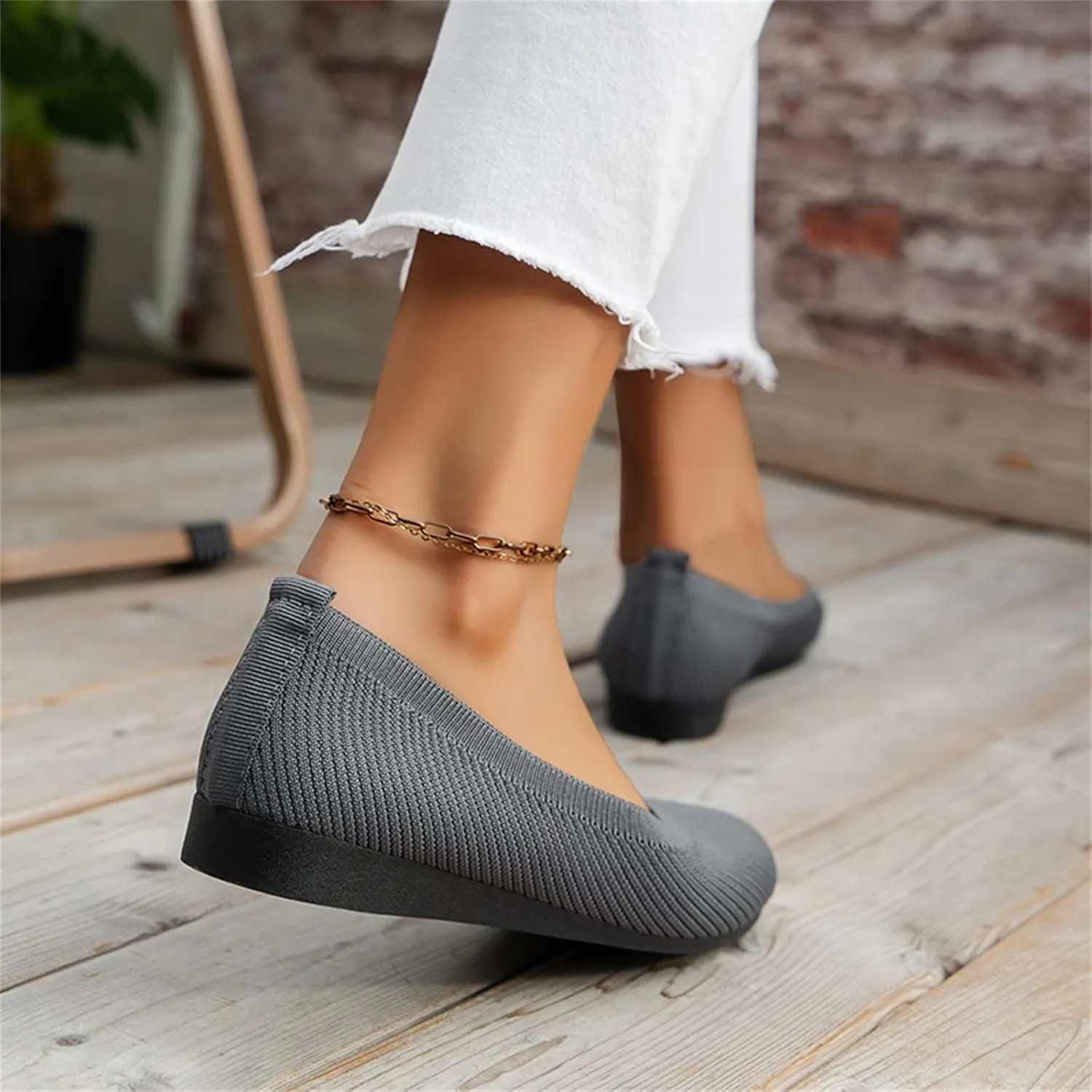 Ladies Fashion Solid Color Breathable Knitting Round Head Flat Comfortable Casual Single Casual Womens Shoes Slip on