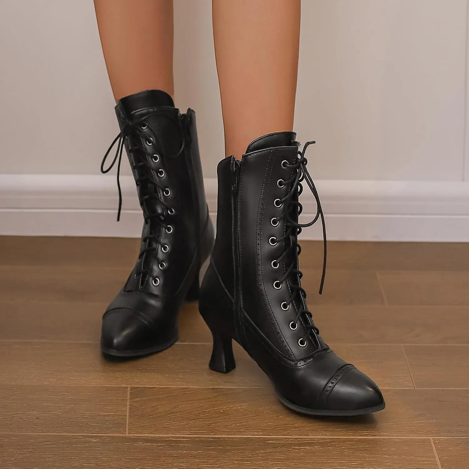 LanreyTaley Victorian Boots for Women Vintage Granny Boots Renaissance Ankle Boots Low Heel Lace Up Booties with Zipper