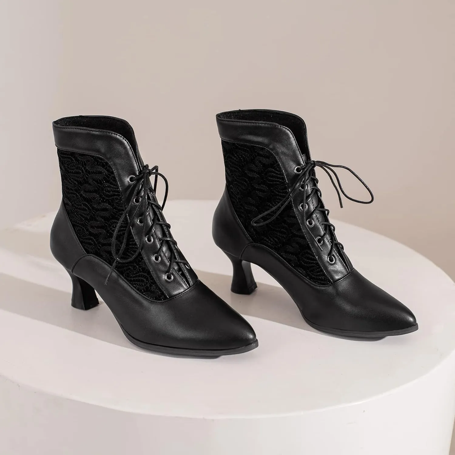 LanreyTaley Women Victorian Lace Booties Wedding Bridal Ankle Boots Witch Costume Boots Mid Heel