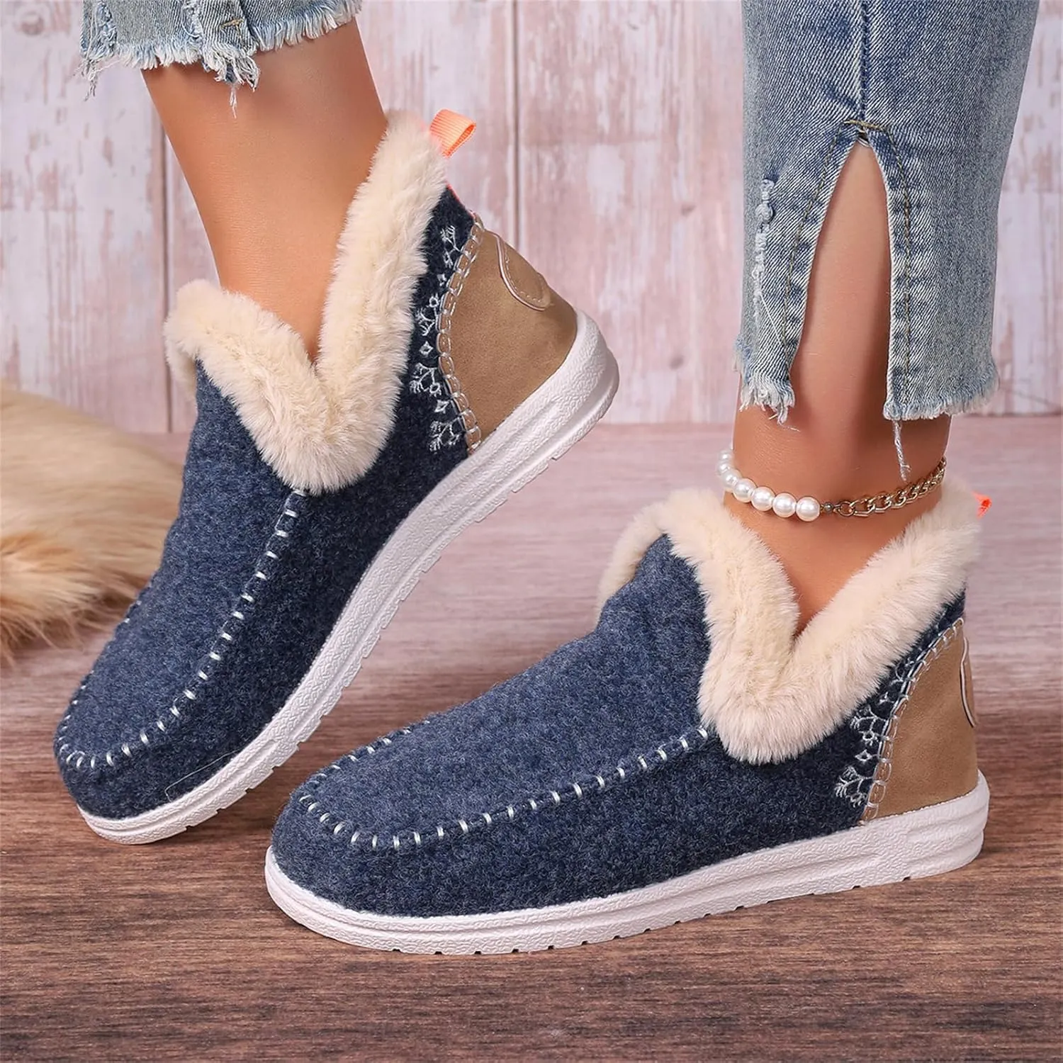 Lausiuoe Boots For Women Ankle Booties Warm Fur Lined Winter Snow Boots Outdoor Short Booties Casual Fashion Loafers Shoes