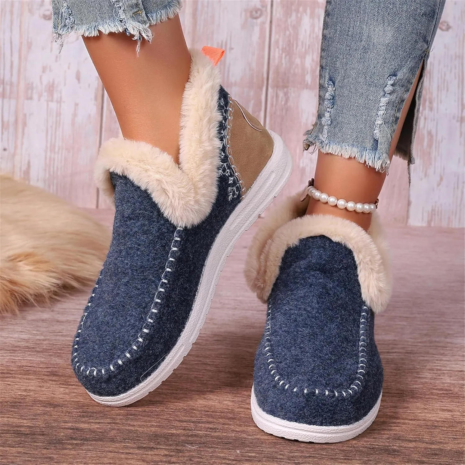 Lausiuoe Boots For Women Ankle Booties Warm Fur Lined Winter Snow Boots Outdoor Short Booties Casual Fashion Loafers Shoes