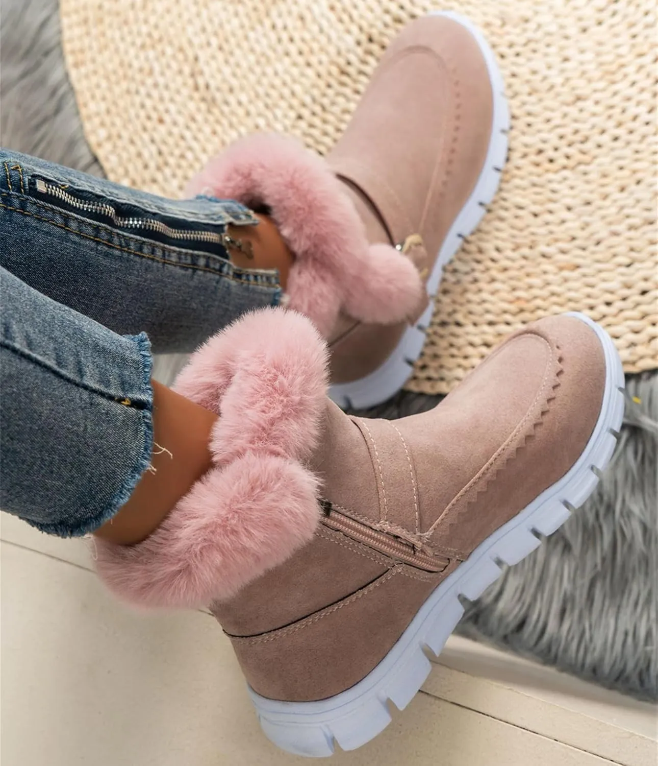 Lausiuoe Boots For Women Ankle Booties Warm Snow Boots Classic Fuzzy Fur Lining Fashion Winter Boots Slip On Loafers Shoes