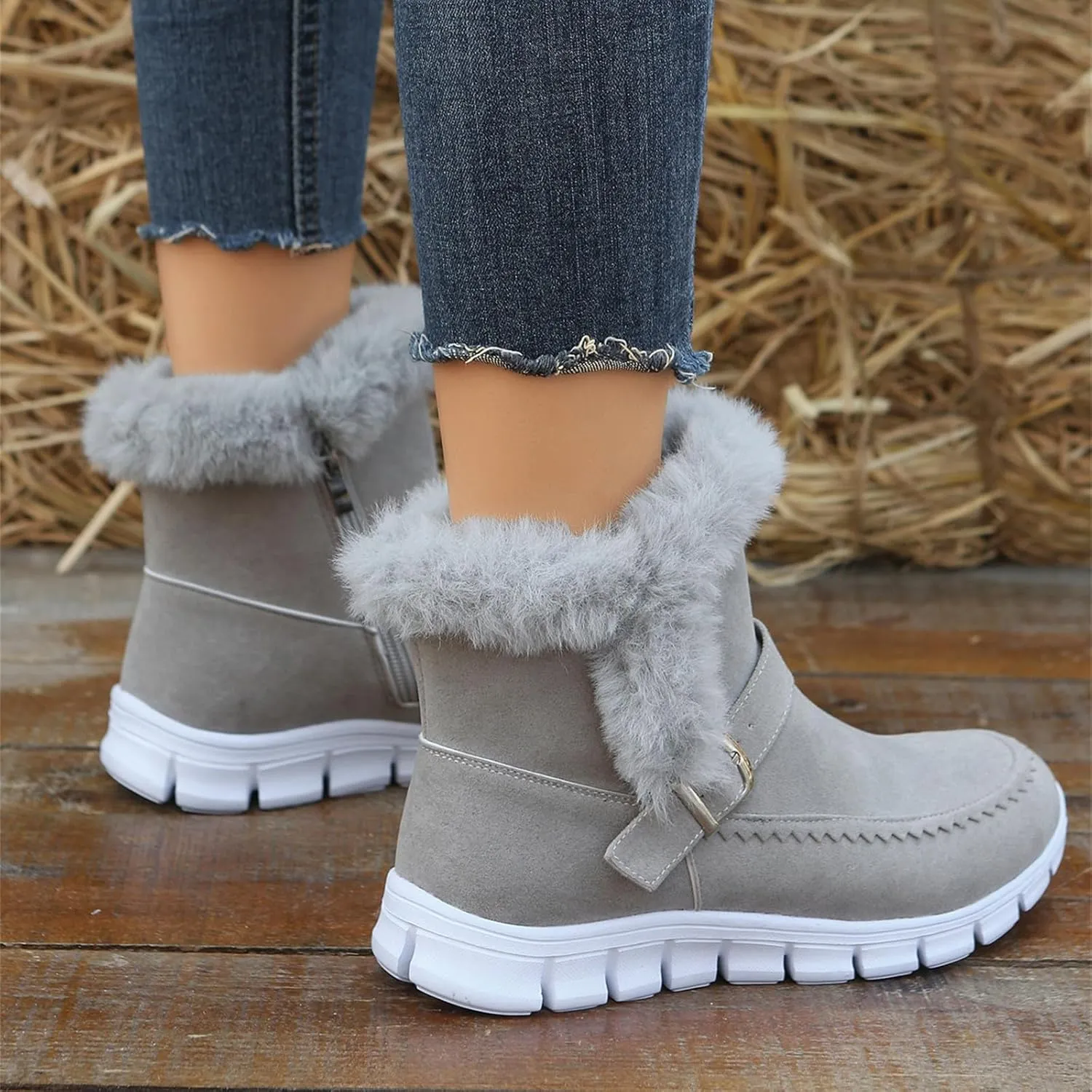 Lausiuoe Boots For Women Ankle Booties Warm Snow Boots Classic Fuzzy Fur Lining Fashion Winter Boots Slip On Loafers Shoes