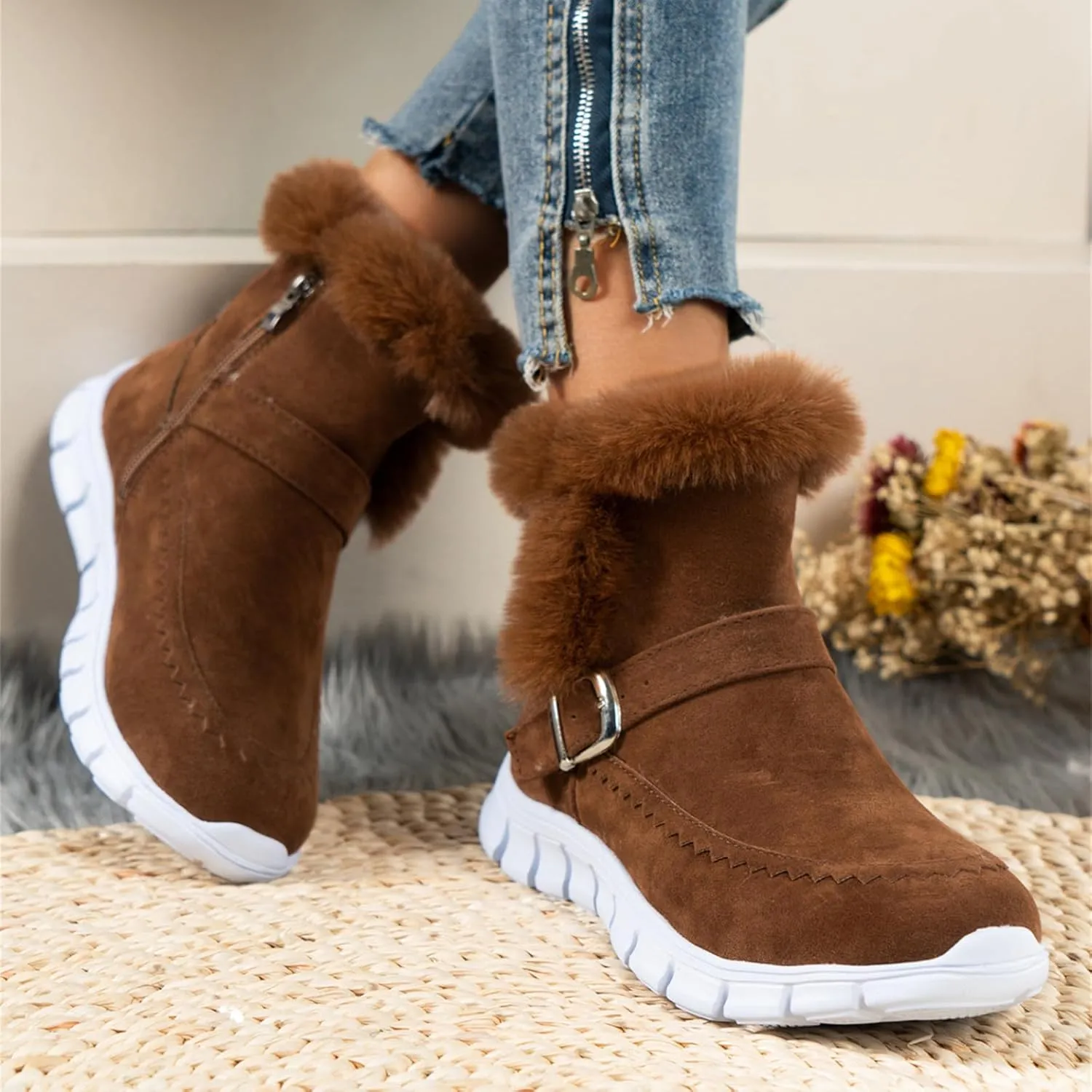 Lausiuoe Boots For Women Ankle Booties Warm Snow Boots Classic Fuzzy Fur Lining Fashion Winter Boots Slip On Loafers Shoes