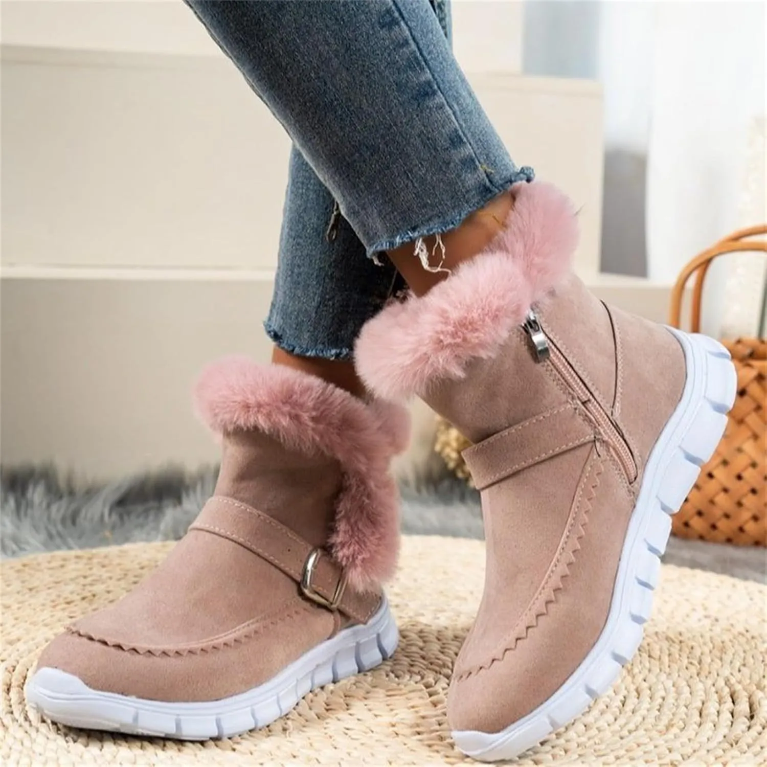 Lausiuoe Boots For Women Ankle Booties Warm Snow Boots Classic Fuzzy Fur Lining Fashion Winter Boots Slip On Loafers Shoes