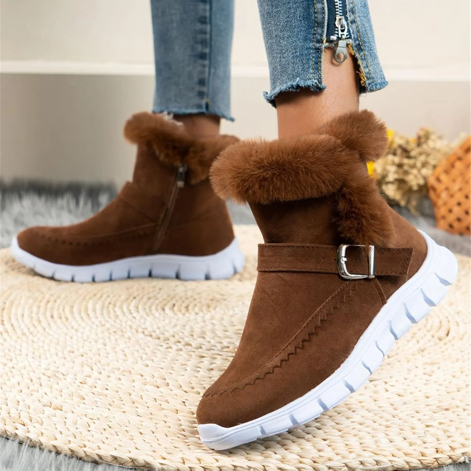 Lausiuoe Boots For Women Ankle Booties Warm Snow Boots Classic Fuzzy Fur Lining Fashion Winter Boots Slip On Loafers Shoes