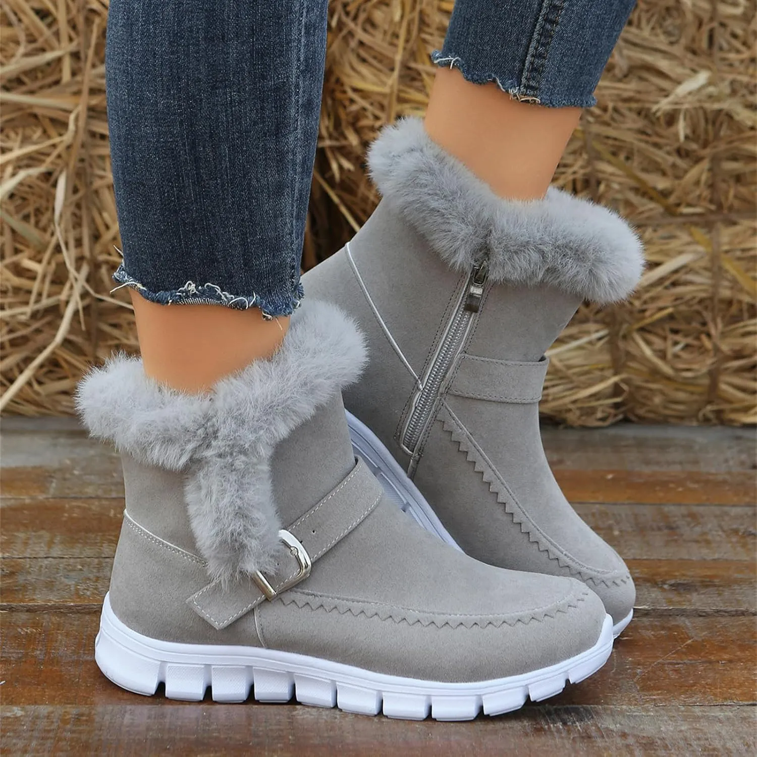 Lausiuoe Boots For Women Ankle Booties Warm Snow Boots Classic Fuzzy Fur Lining Fashion Winter Boots Slip On Loafers Shoes