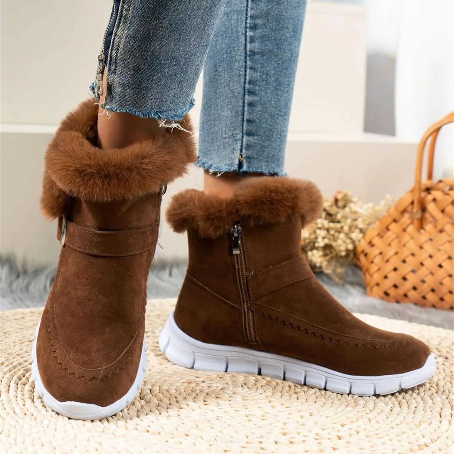 Lausiuoe Boots For Women Ankle Booties Warm Snow Boots Classic Fuzzy Fur Lining Fashion Winter Boots Slip On Loafers Shoes