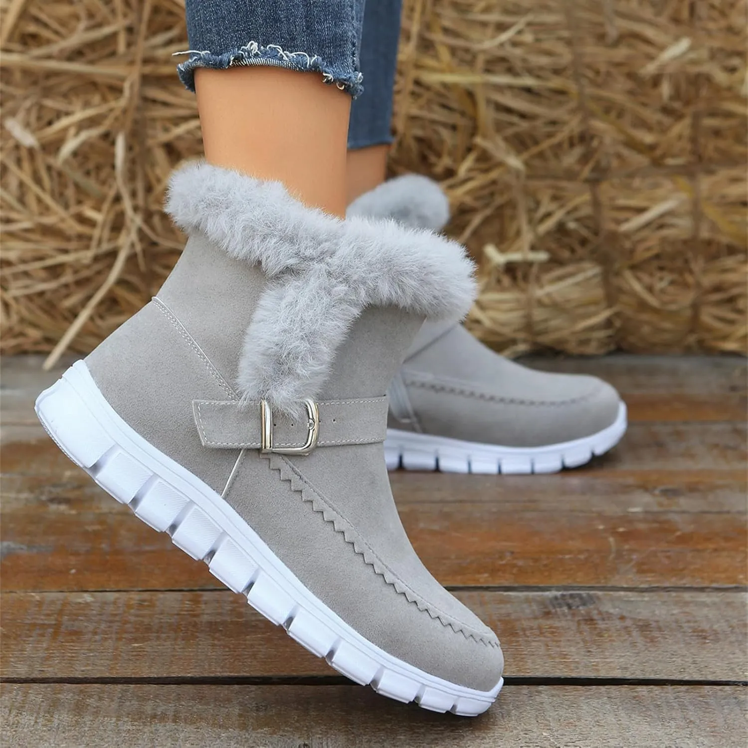 Lausiuoe Boots For Women Ankle Booties Warm Snow Boots Classic Fuzzy Fur Lining Fashion Winter Boots Slip On Loafers Shoes