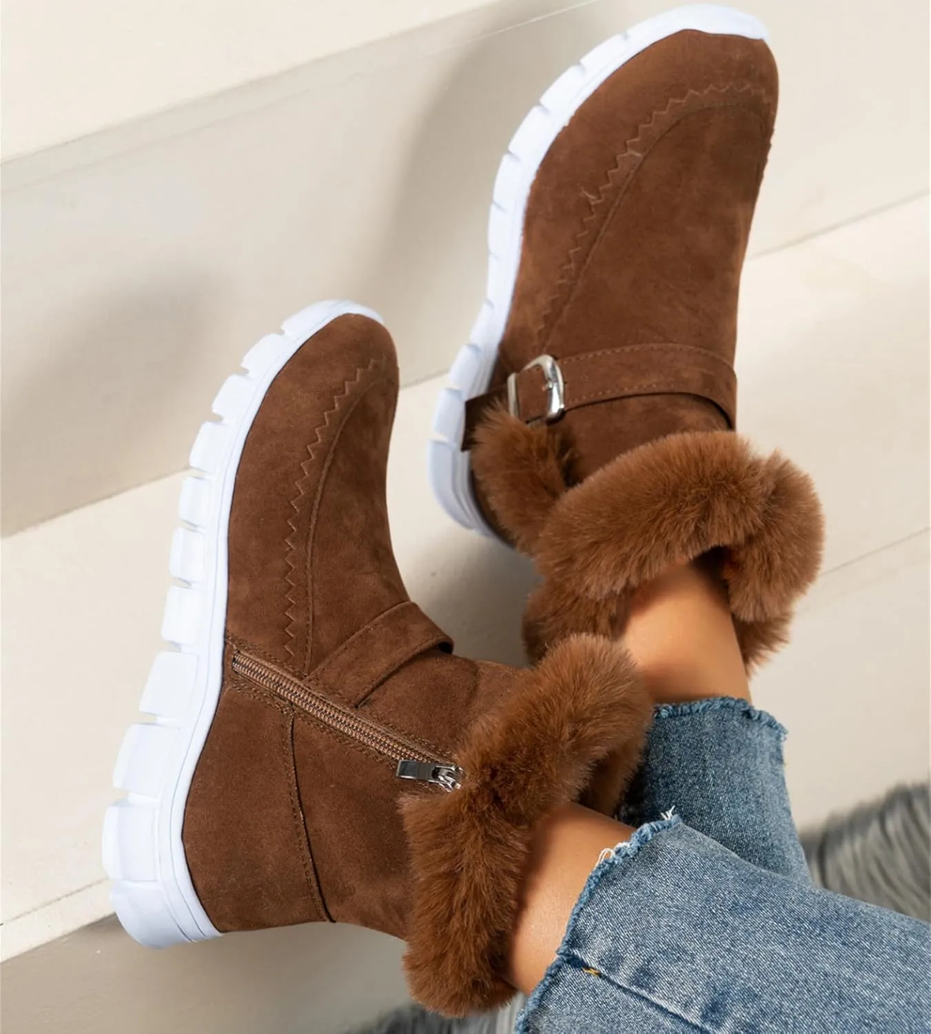 Lausiuoe Boots For Women Ankle Booties Warm Snow Boots Classic Fuzzy Fur Lining Fashion Winter Boots Slip On Loafers Shoes