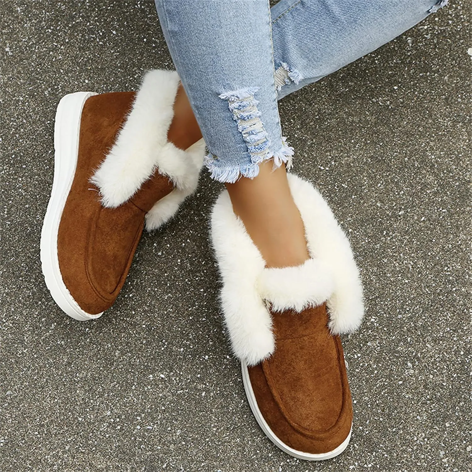 Lausiuoe Cute Winter Boots For Women Fashion Snow Boots Classic Fuzzy Fur Lining Slip On Ankle Booties Warm Loafers Shoes