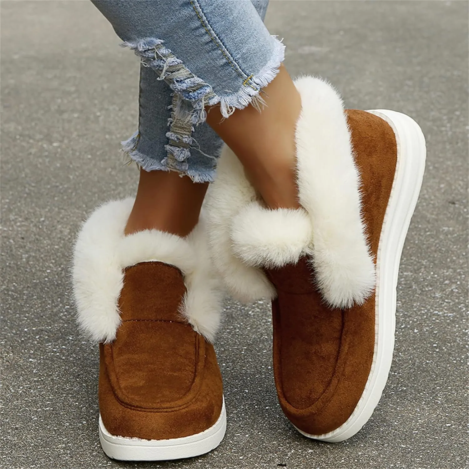 Lausiuoe Cute Winter Boots For Women Fashion Snow Boots Classic Fuzzy Fur Lining Slip On Ankle Booties Warm Loafers Shoes