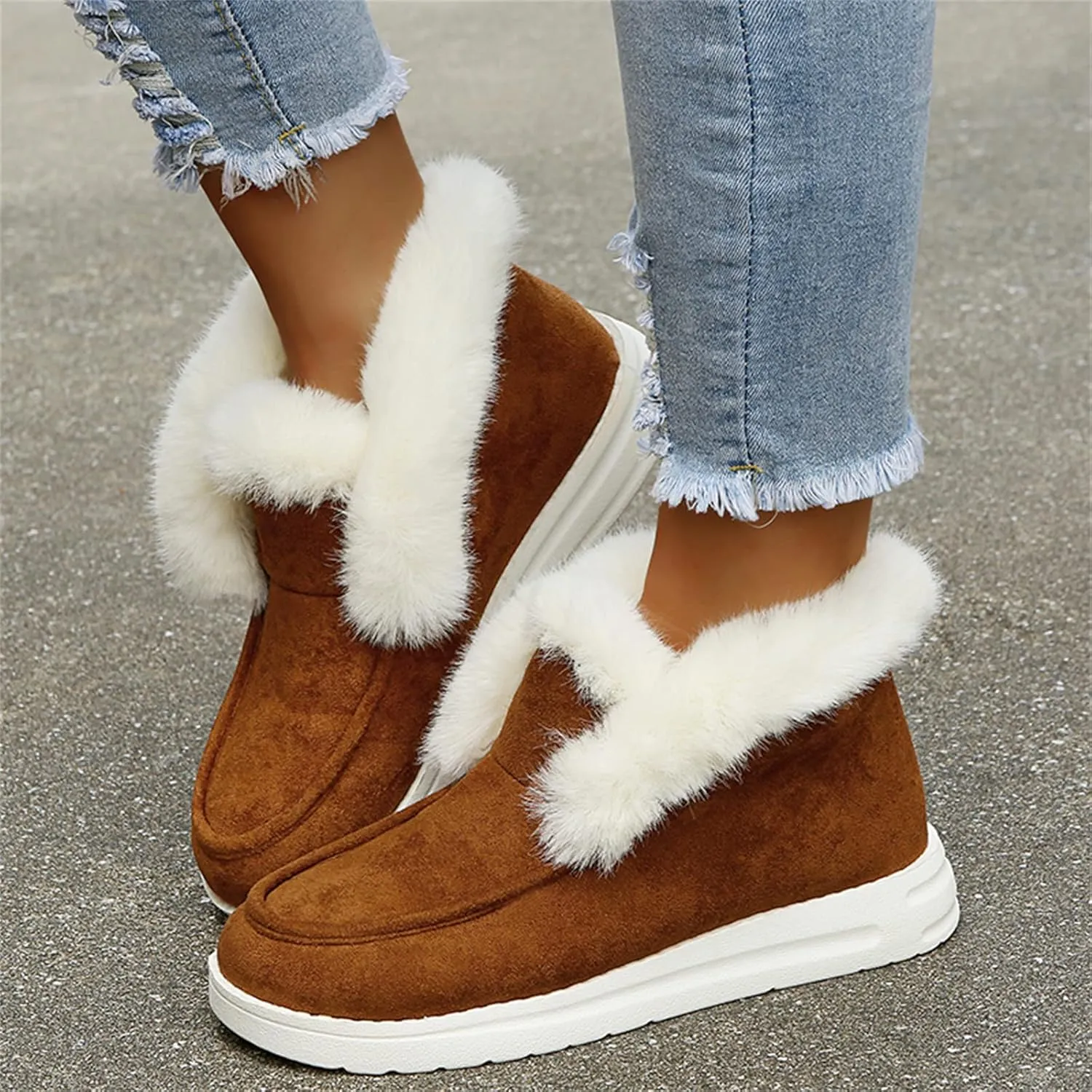 Lausiuoe Cute Winter Boots For Women Fashion Snow Boots Classic Fuzzy Fur Lining Slip On Ankle Booties Warm Loafers Shoes