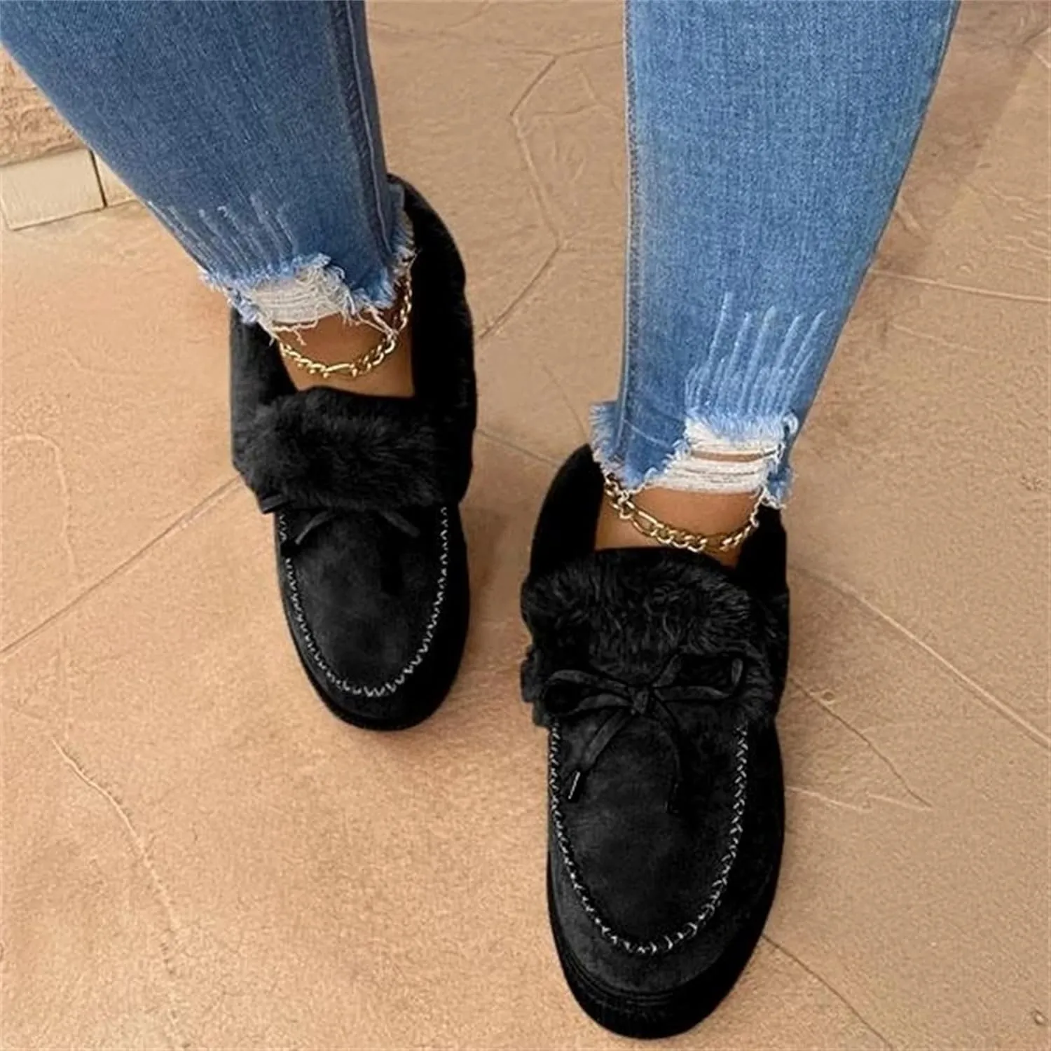 Lausiuoe Winter Fashion Boots For Women 2024 Snow Boots Classic Fuzzy Fur Lining Slip On Ankle Booties Warm Loafers Shoes