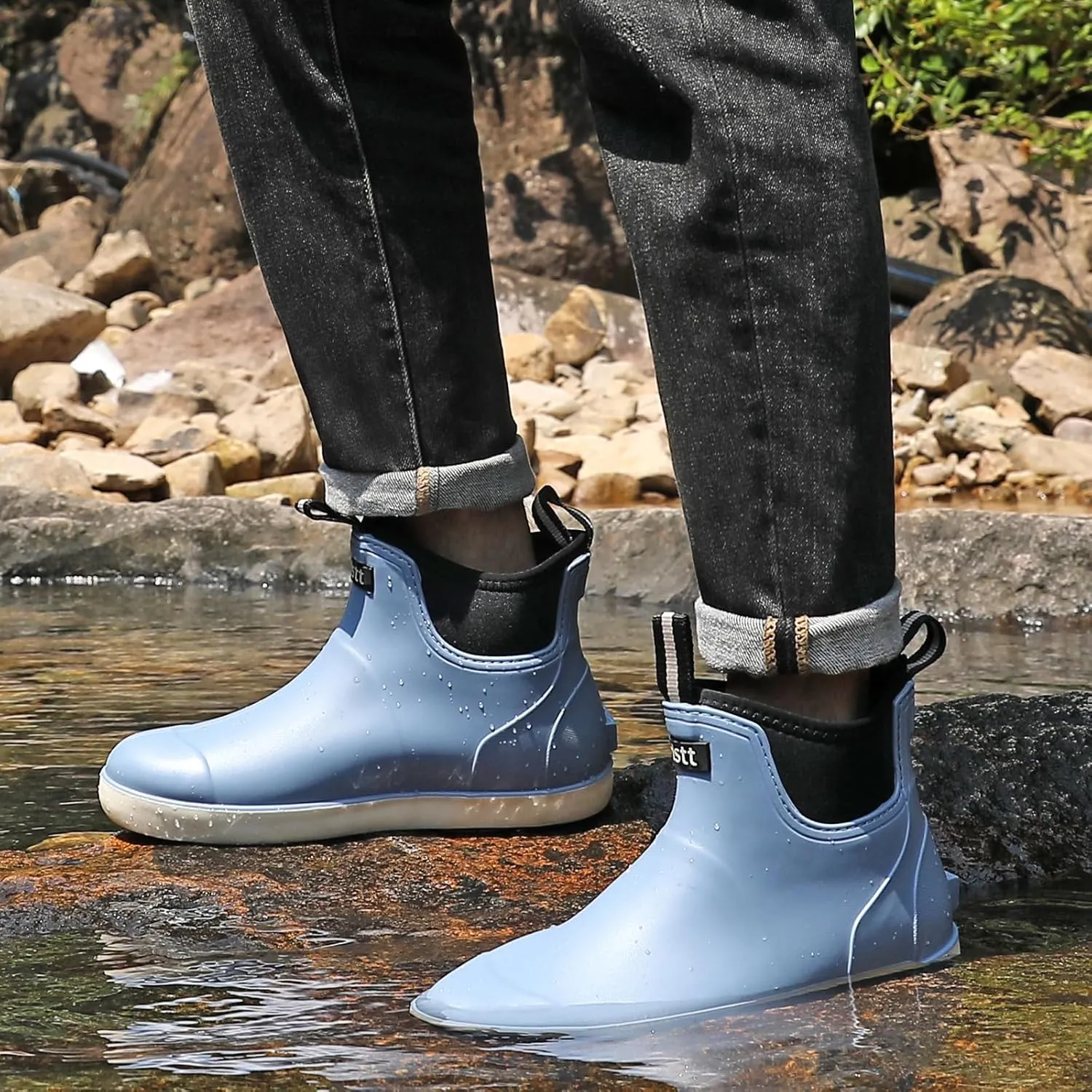 Mens Deck Boots, Waterproof Men High Traction Fishing Boots, Lightweight Garden Rain Boots, Rubber Boots for Work Ankle, Durable Water Shoes for Boat