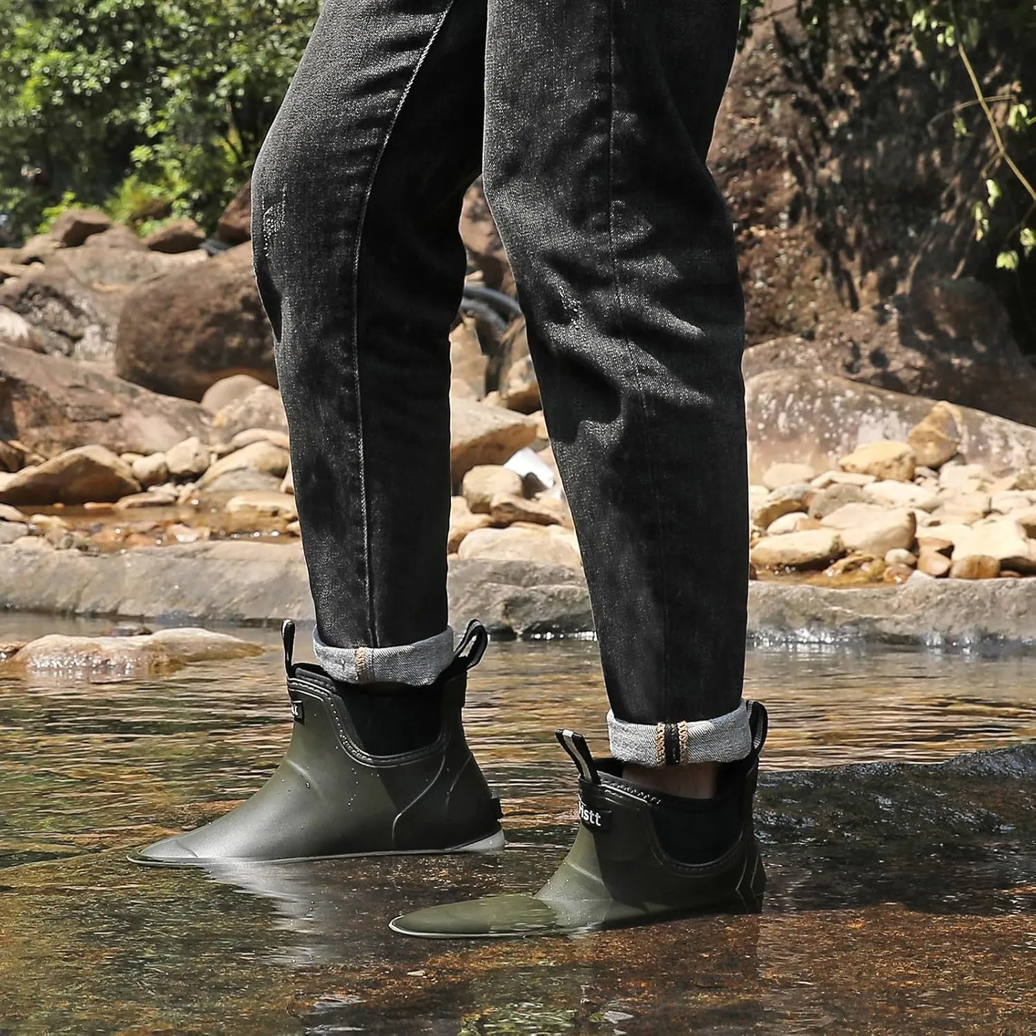 Mens Deck Boots, Waterproof Men High Traction Fishing Boots, Lightweight Garden Rain Boots, Rubber Boots for Work Ankle, Durable Water Shoes for Boat
