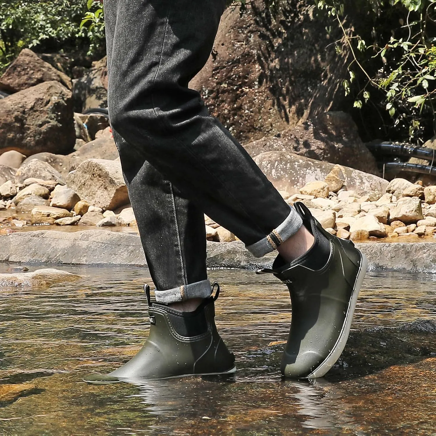 Mens Deck Boots, Waterproof Men High Traction Fishing Boots, Lightweight Garden Rain Boots, Rubber Boots for Work Ankle, Durable Water Shoes for Boat