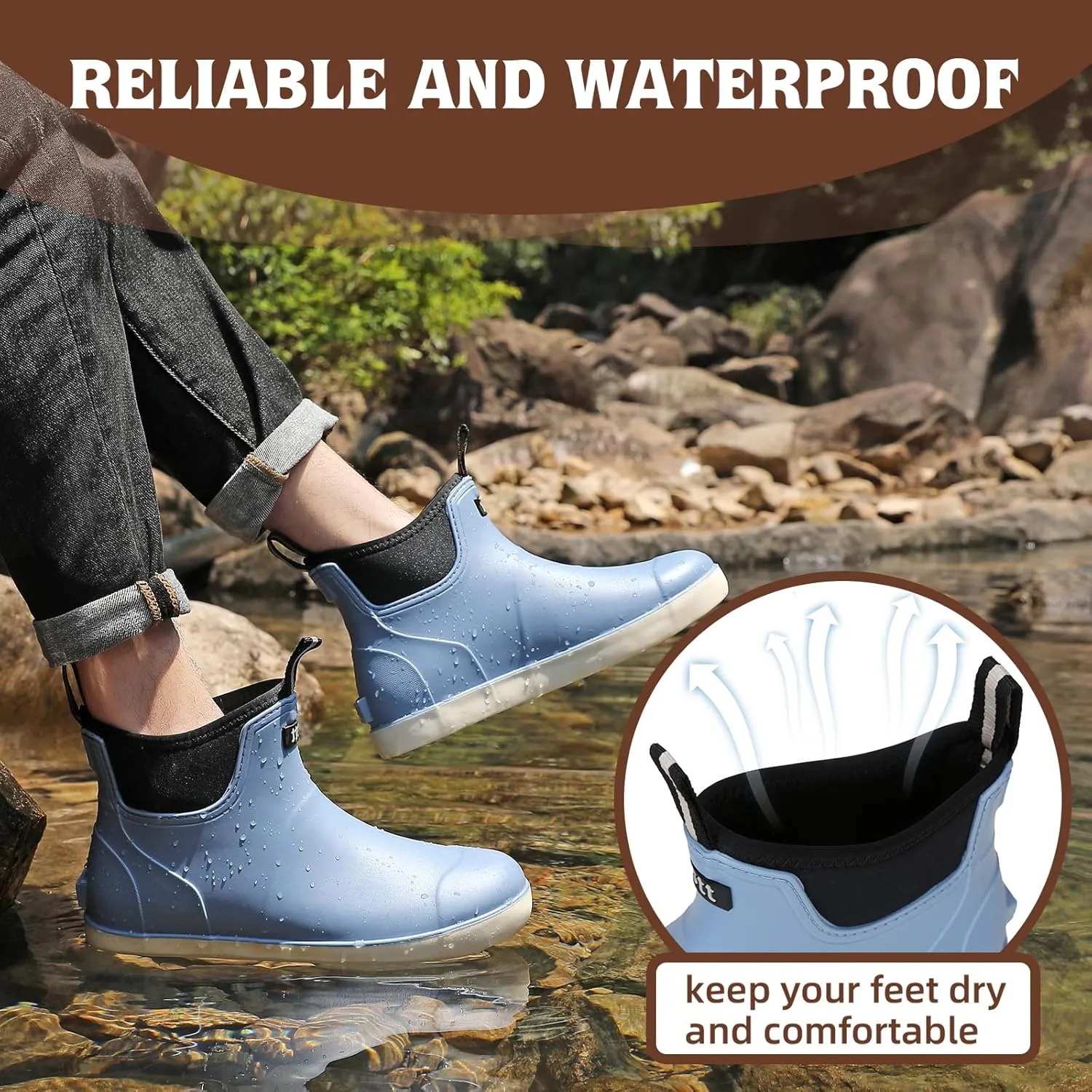 Mens Deck Boots, Waterproof Men High Traction Fishing Boots, Lightweight Garden Rain Boots, Rubber Boots for Work Ankle, Durable Water Shoes for Boat