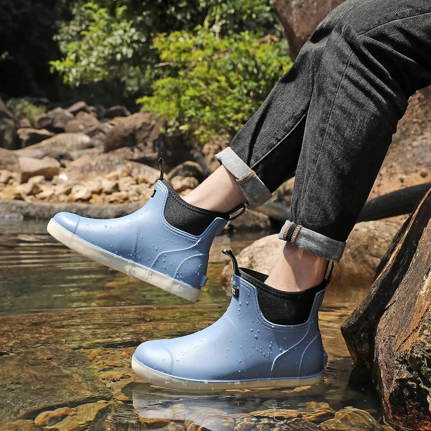 Mens Deck Boots, Waterproof Men High Traction Fishing Boots, Lightweight Garden Rain Boots, Rubber Boots for Work Ankle, Durable Water Shoes for Boat
