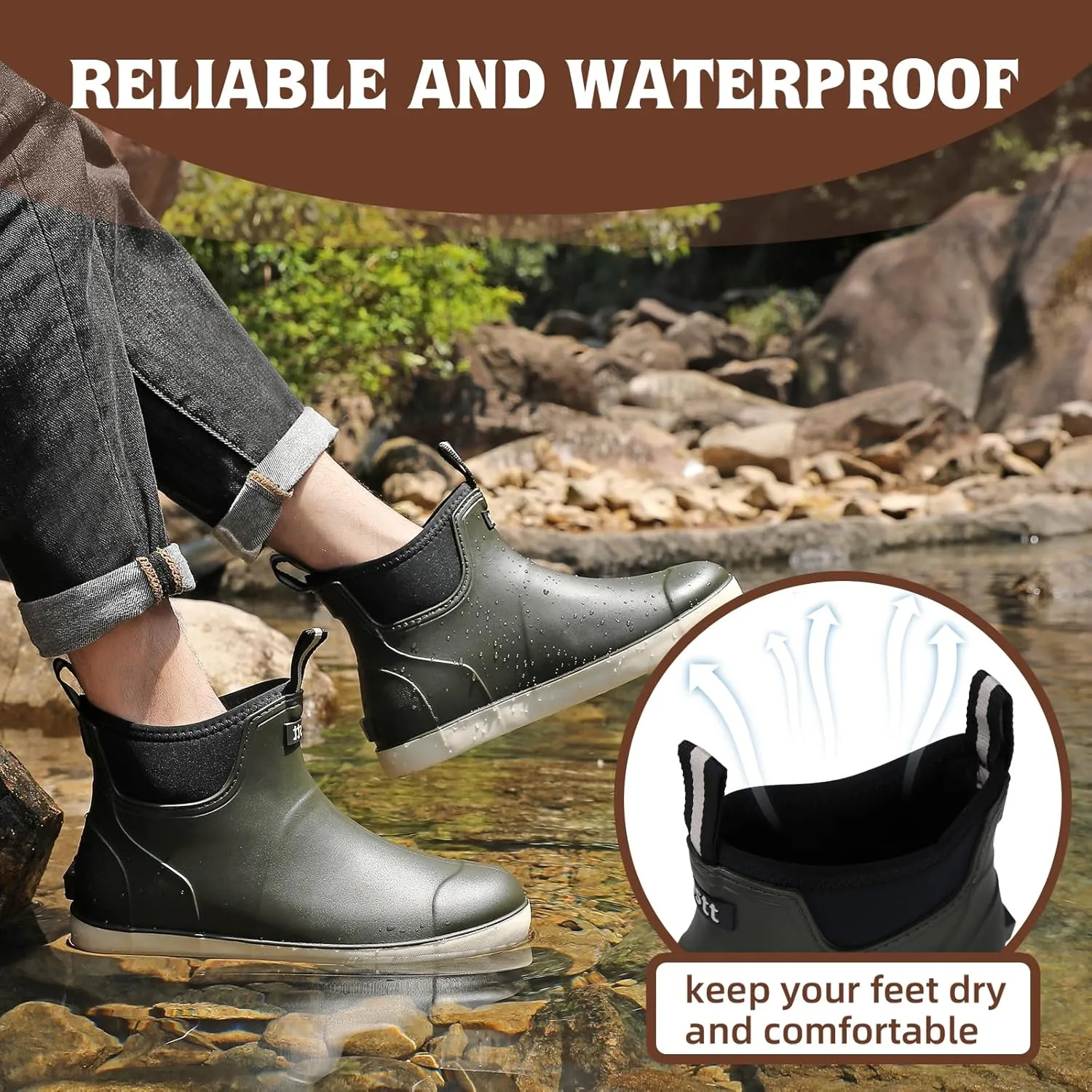 Mens Deck Boots, Waterproof Men High Traction Fishing Boots, Lightweight Garden Rain Boots, Rubber Boots for Work Ankle, Durable Water Shoes for Boat