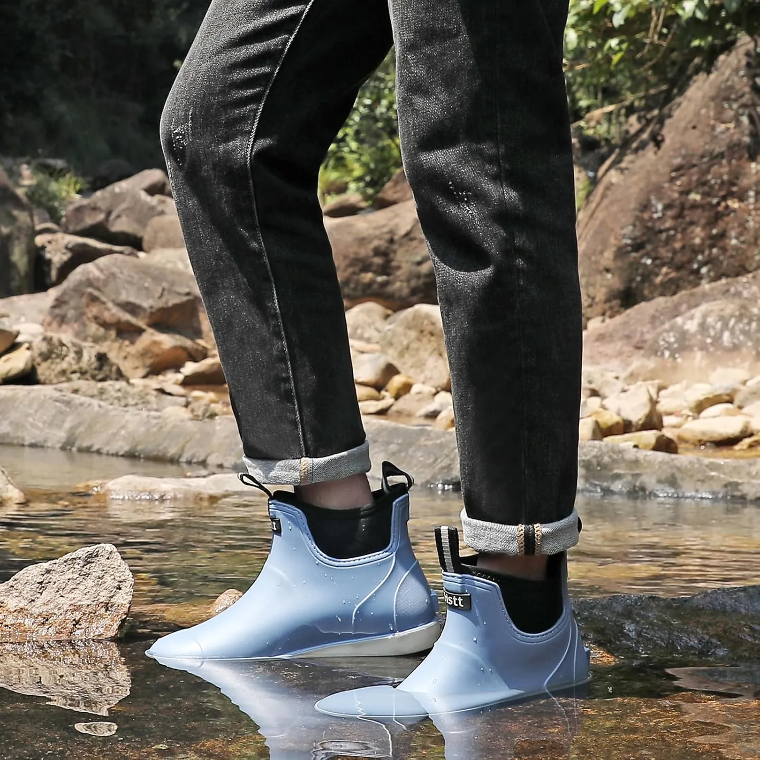 Mens Deck Boots, Waterproof Men High Traction Fishing Boots, Lightweight Garden Rain Boots, Rubber Boots for Work Ankle, Durable Water Shoes for Boat